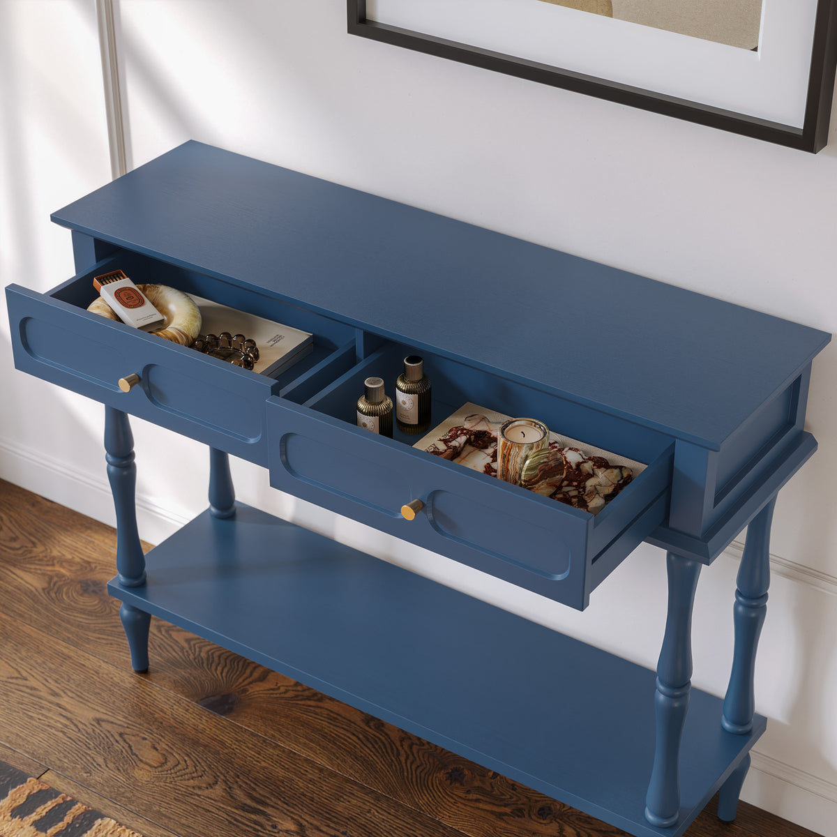 CBJCBJ Minimal Assembly Console Table, Entryway Table with 2 Drawers and Open Shelf, for Living Room, Blue