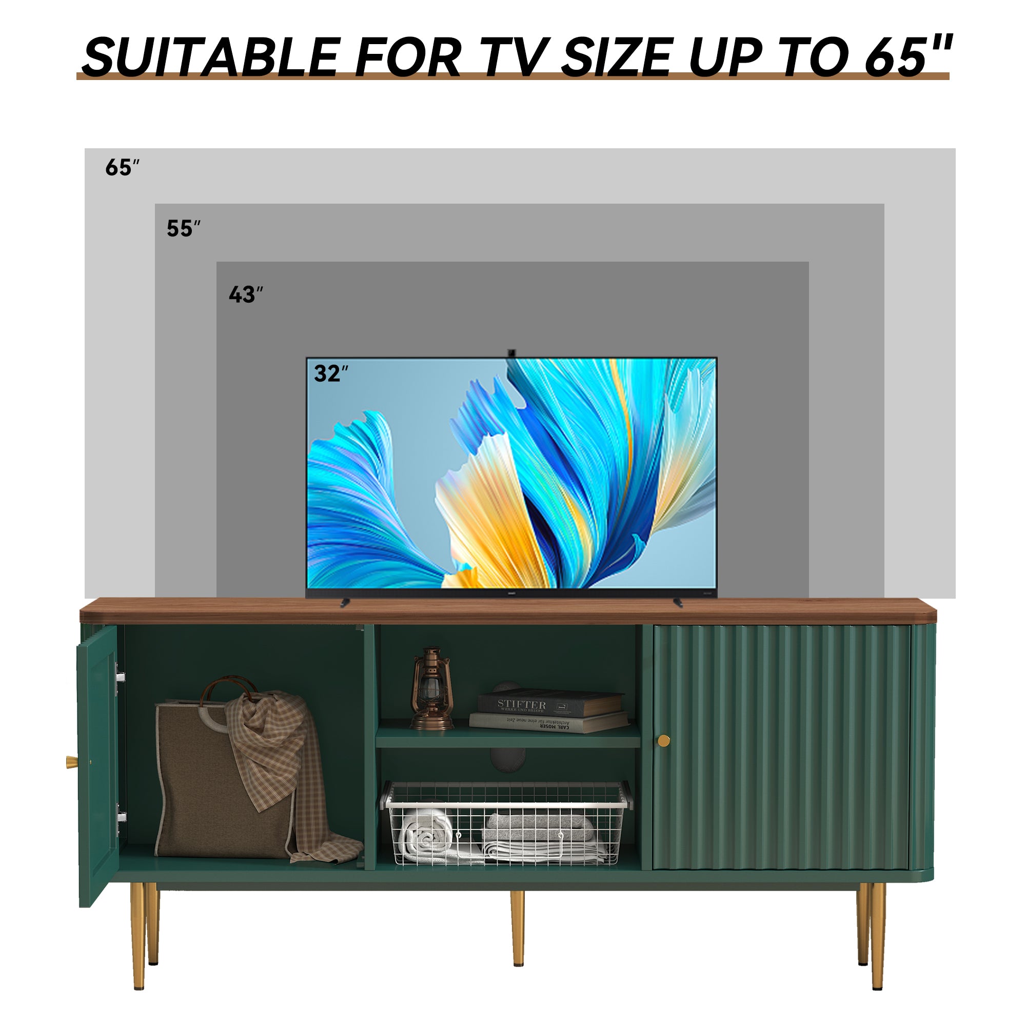 HLR Modern Fluted 55" TV Stand for 65 Inch TV with Storage, Entertainment Center for Living Room, Green