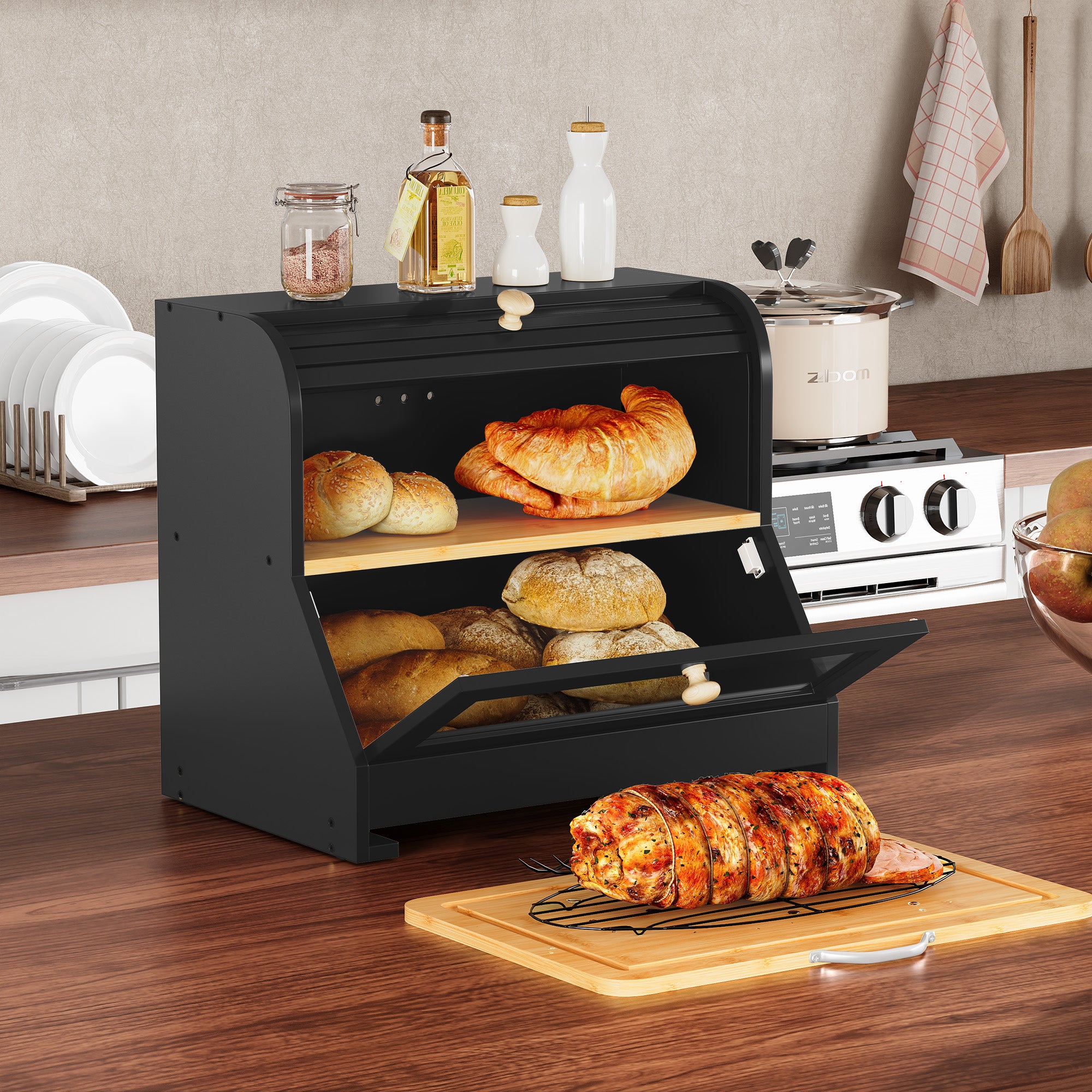 HLR Natural Bamboo Bread Box Kitchen Countertop with Cutting Board and Roll Top, Black 2-Tier Large Wood Bread Bin