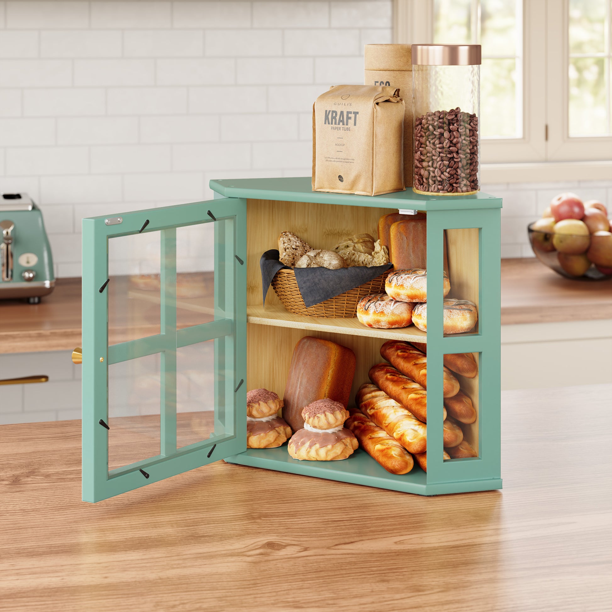 HLR Double Layer Bamboo Bread Box for Kitchen Counter, Large Capacity Bread Storage Bin with Acrylic Door, Green