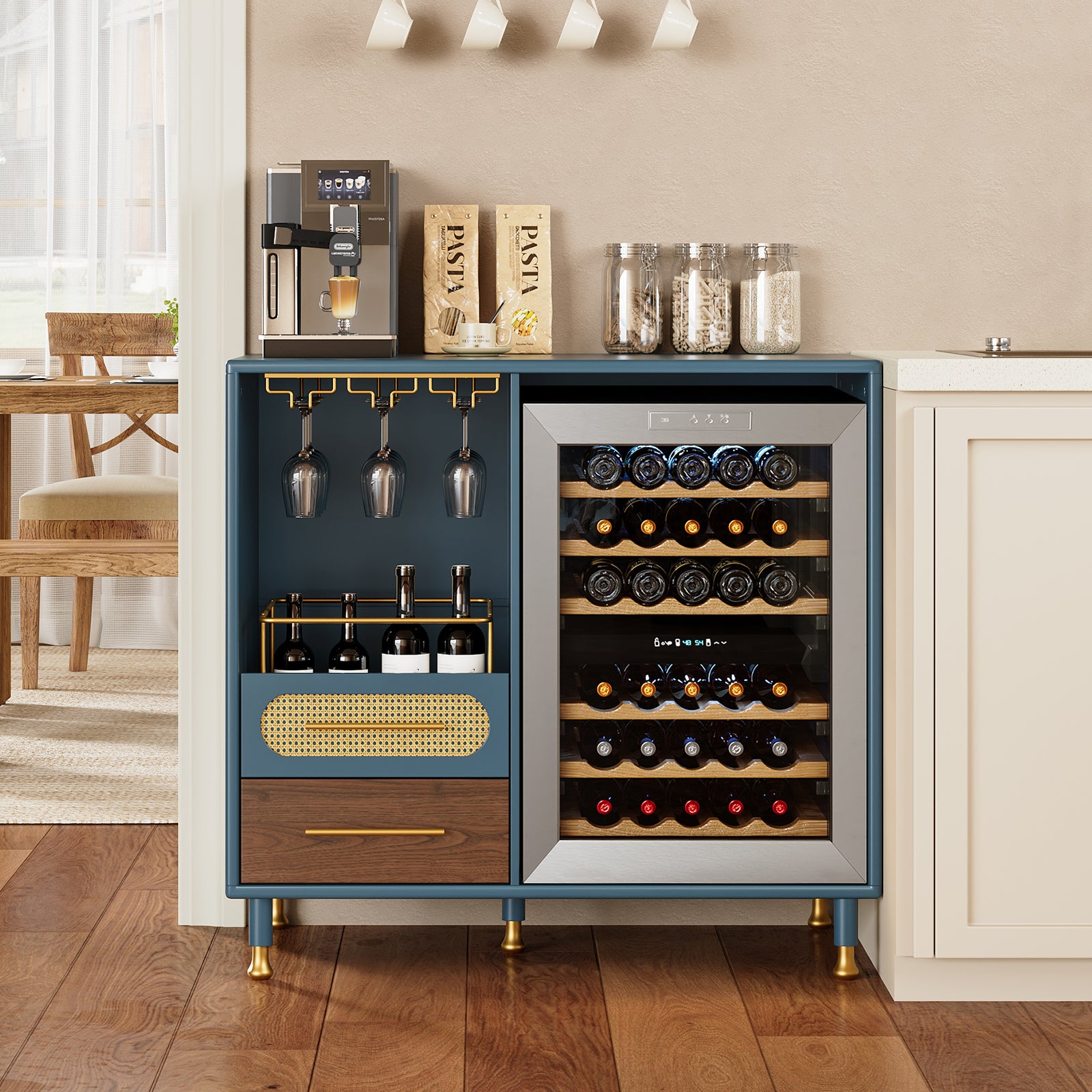 HLR Modern Coffee Bar Cabinet with Space for Mini Fridge and Rattan Drawer, Blue