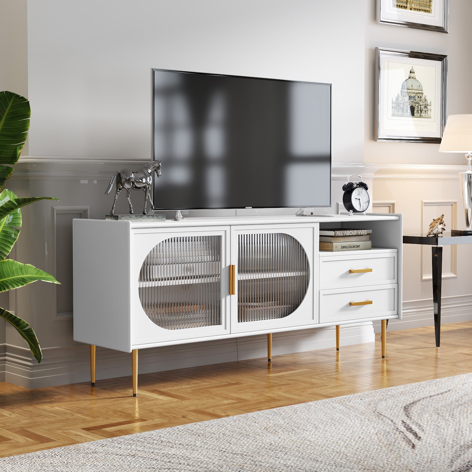CBJCBJ 60.1" Modern Glass Door TV Cabinet with 2 Drawers and Adjustable Shelves | Entertainment Center for TVs up to 70" | 4 Compartment Media Console Storage