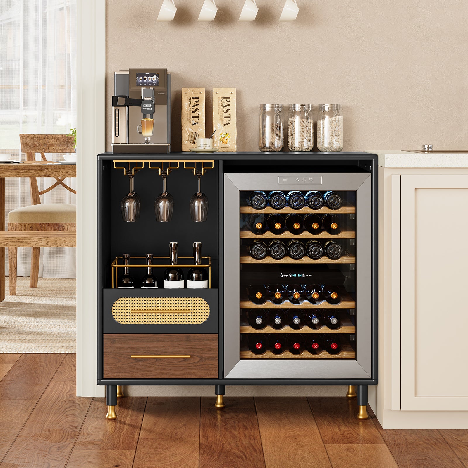 HLR Modern Coffee Bar Cabinet with Space for Mini Fridge and Rattan Drawer, Black