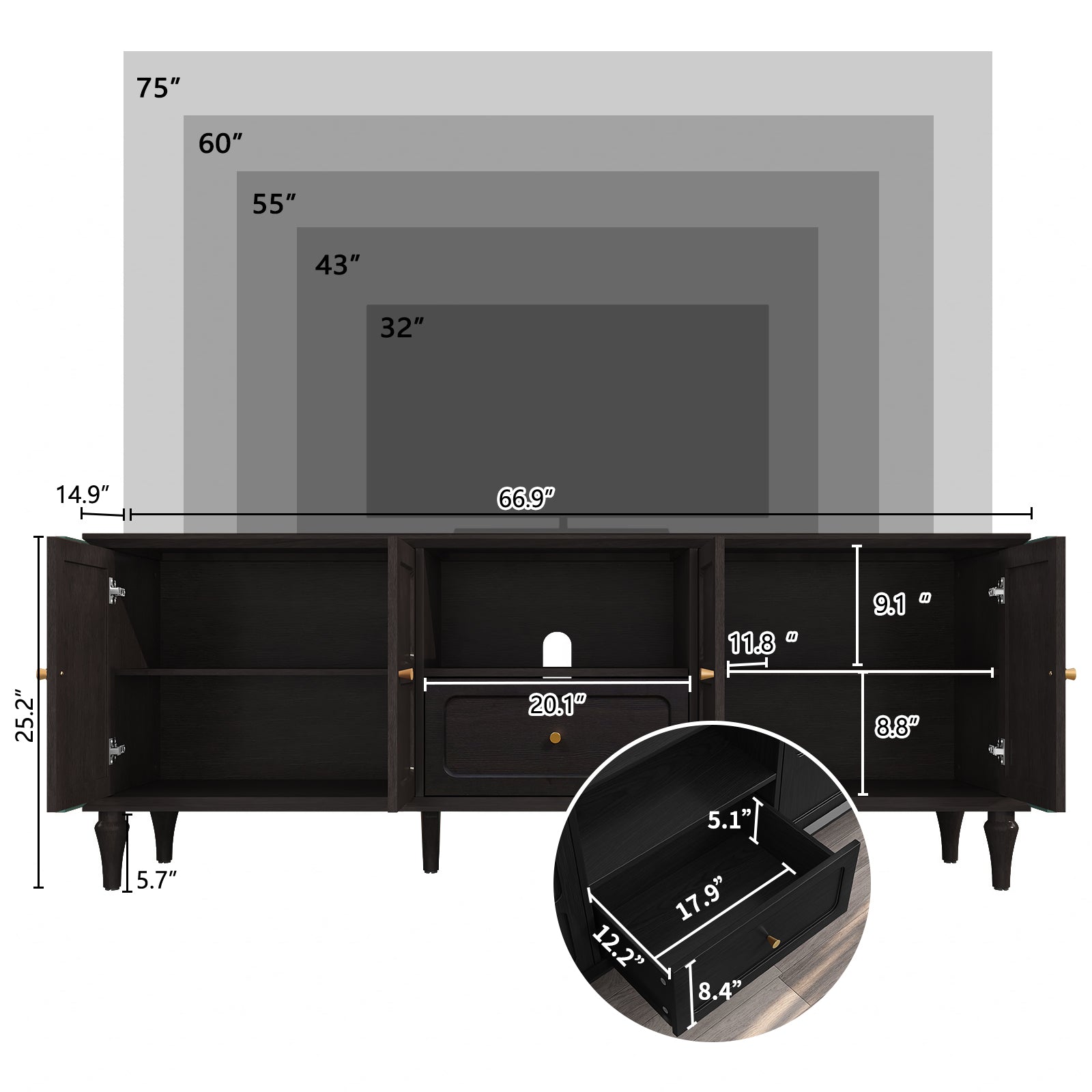 CBJCBJ 67"Mid-Century Modern TV Stand with Storage and Adjustable Partition , Media Console for TVs up to 75", Black