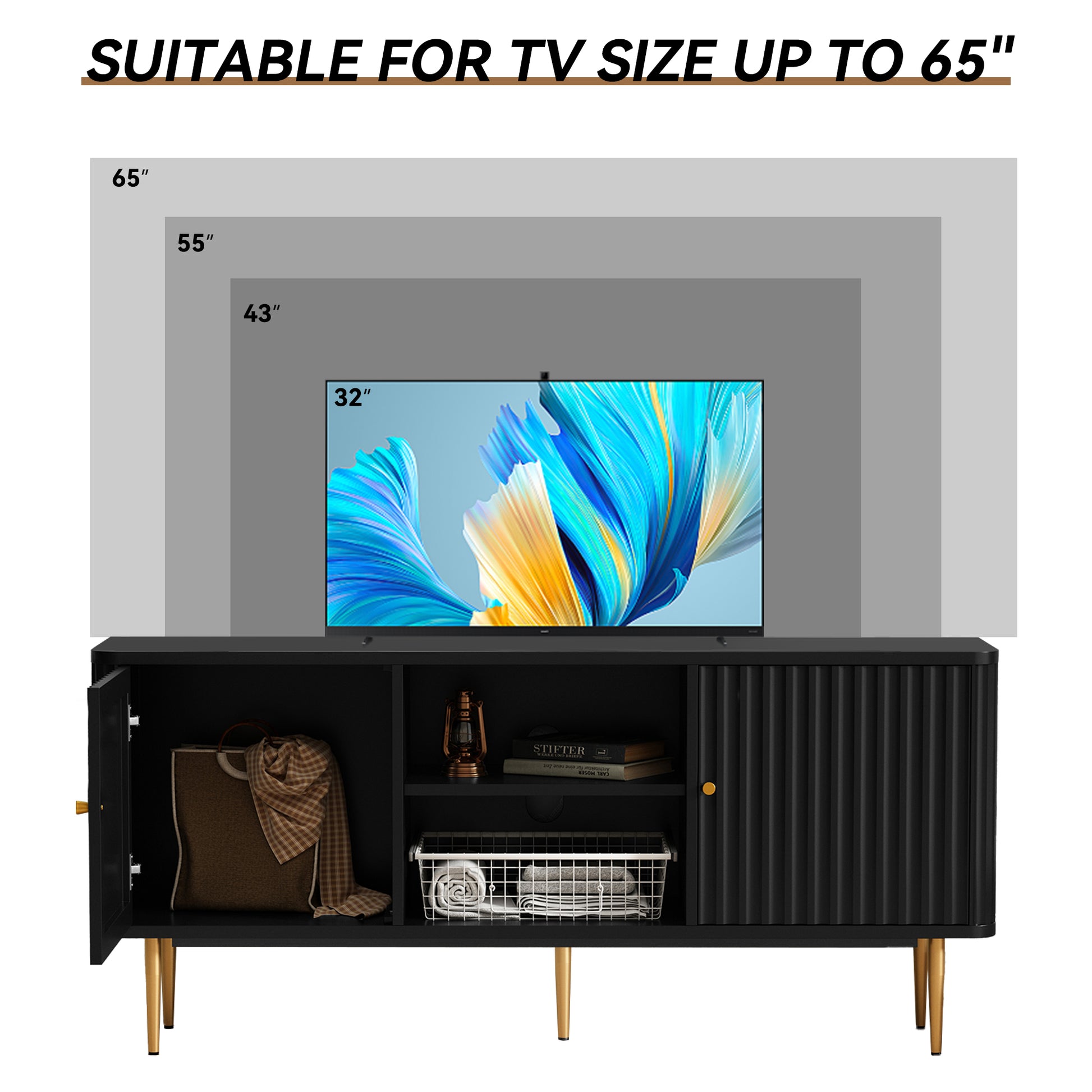 HLR Modern Fluted 55" TV Stand for 65 Inch TV with Storage, Entertainment Center for Living Room, Black