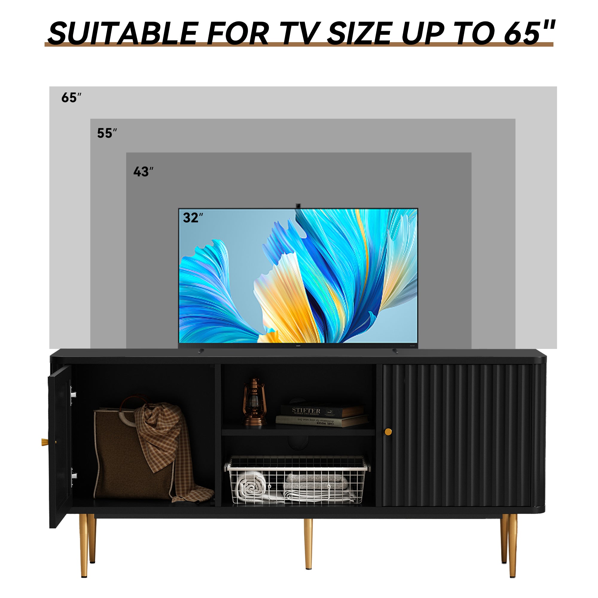 HLR Modern Fluted 55" TV Stand for 65 Inch TV with Storage, Entertainment Center for Living Room, Black