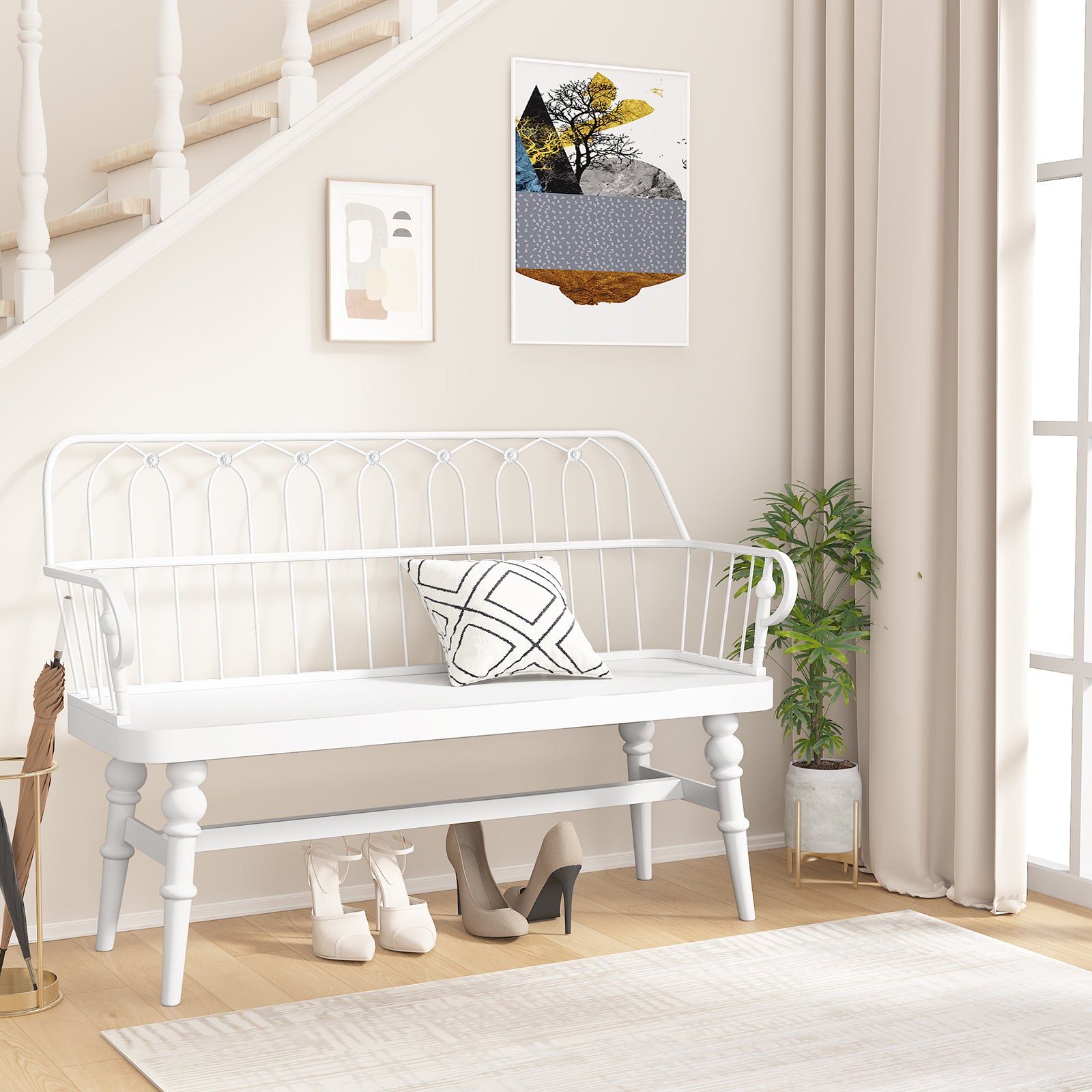 HLR Farmhouse Entryway Bench, Spindle Back Support Wood Dining Benches for Living Room, Mudroom, White