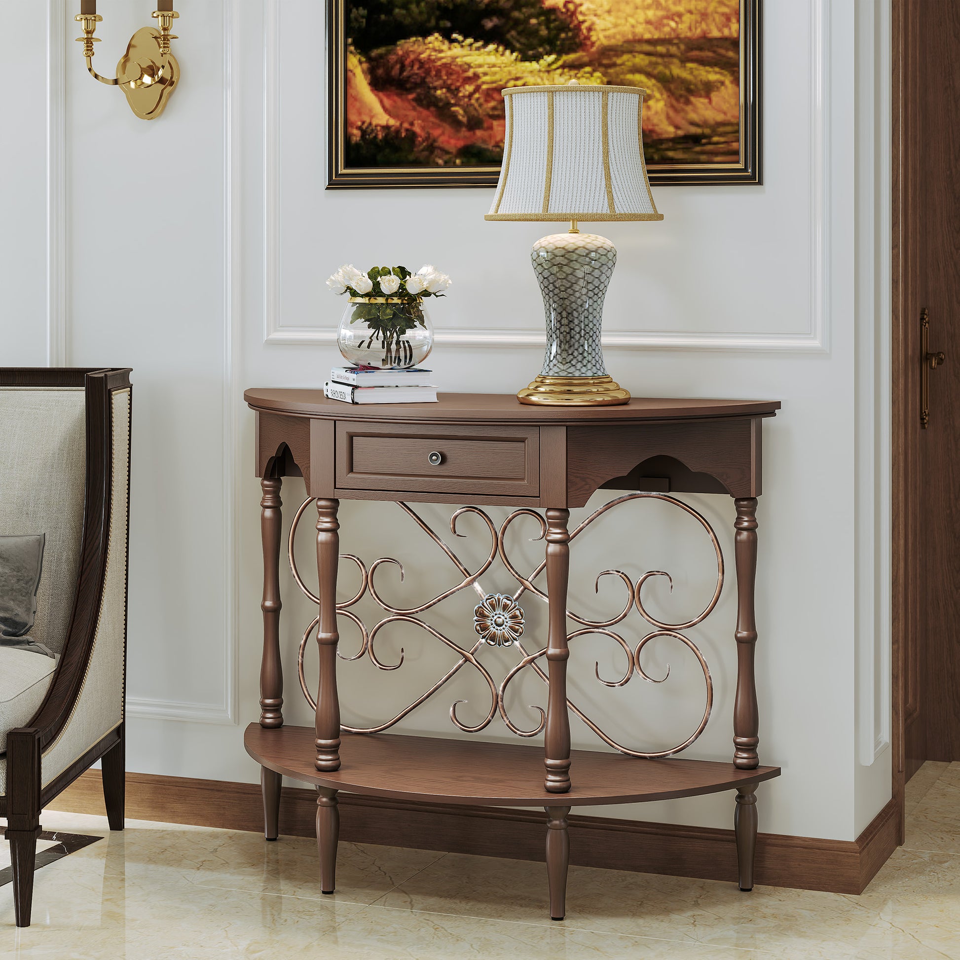 HLR 40" Mid Century Console Table with Drawer, Assembled Entryway Table with Storage for Hallway, Brown