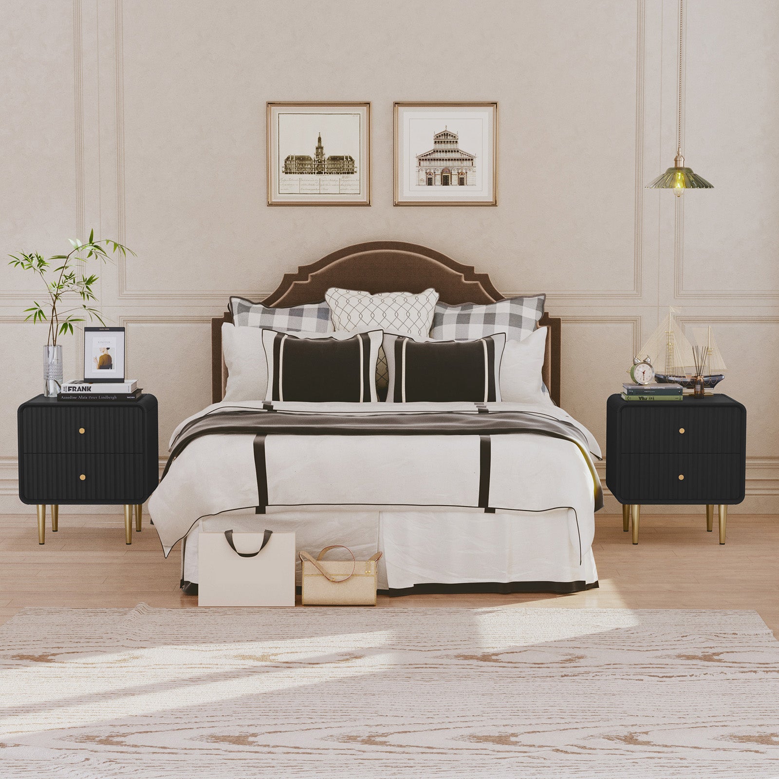 CBJCBJ 20" Modern Fluted Nightstand Set of 1, black Wood Bedside Table with 2 Drawers & Gold Metal Handles（Black）