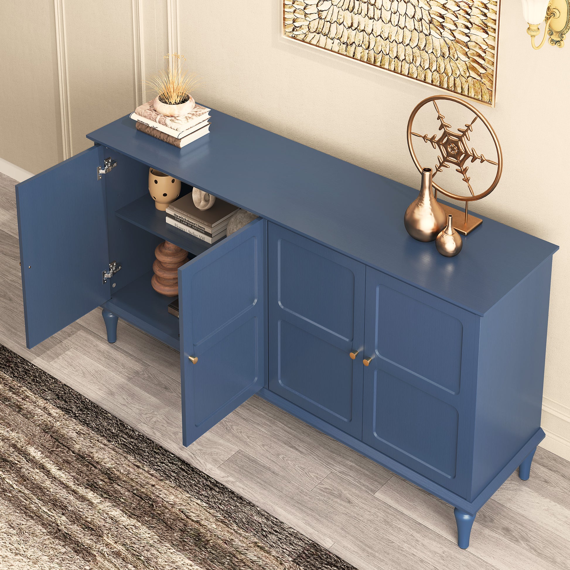 HLR Mid Century 58" Wood 4 Door Sideboard Buffet Cabinet with Storage for Living Dining (Navy Blue)