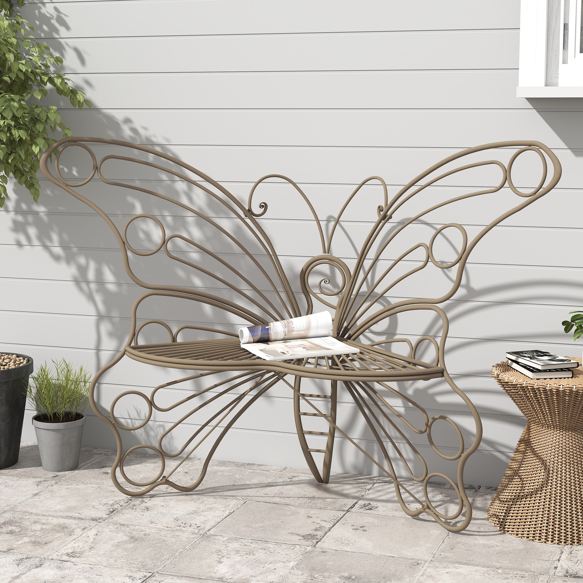 CBJCBJ 50" Weatherproof Outdoor Patio Bench，Metal Butterfly Design for Garden and Lawn Porch， Teak