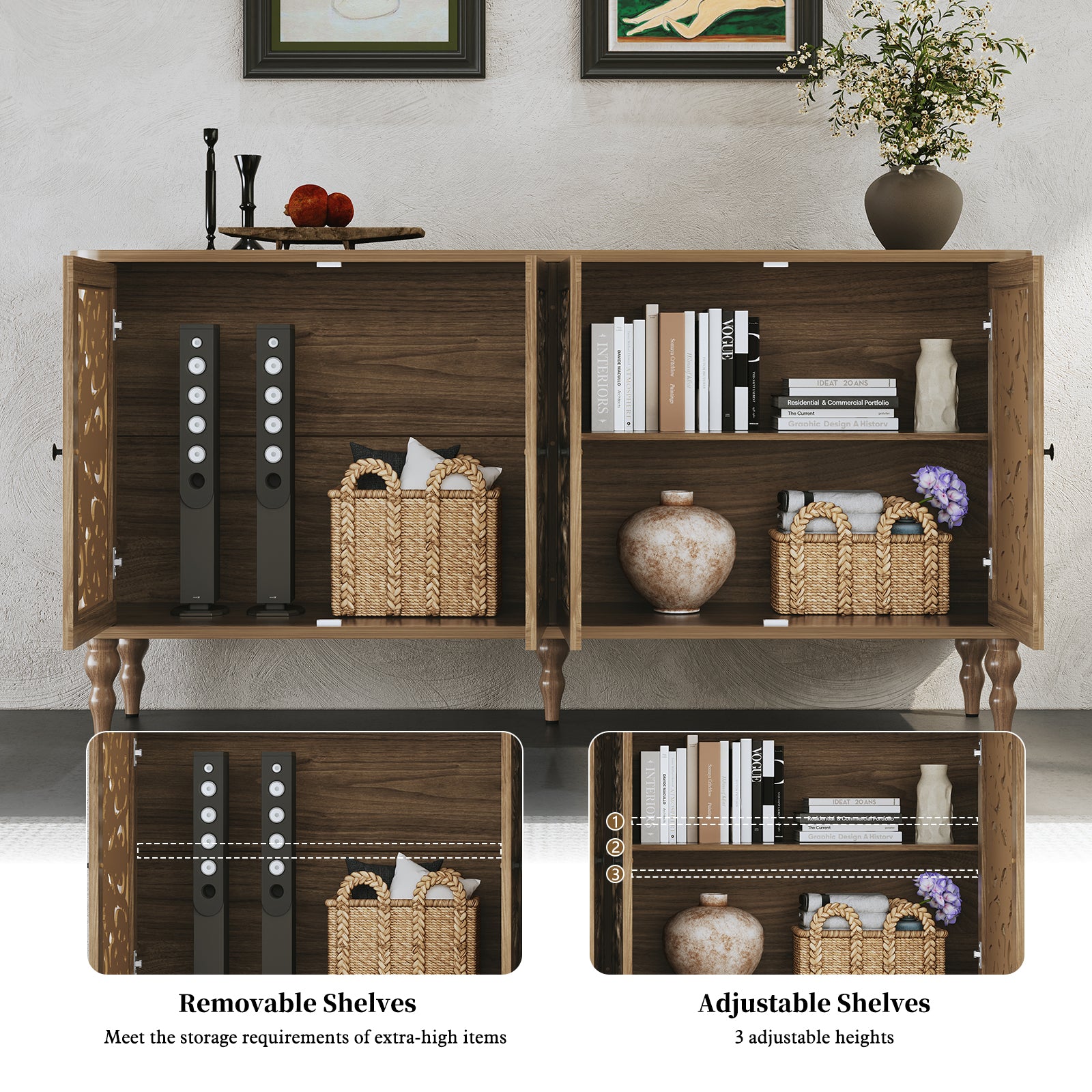 HLR 63" Mid Century Rounded Corners Sideboards Buffets Cabinet with 4 Doors Storage for Kitchen Dining, Brown
