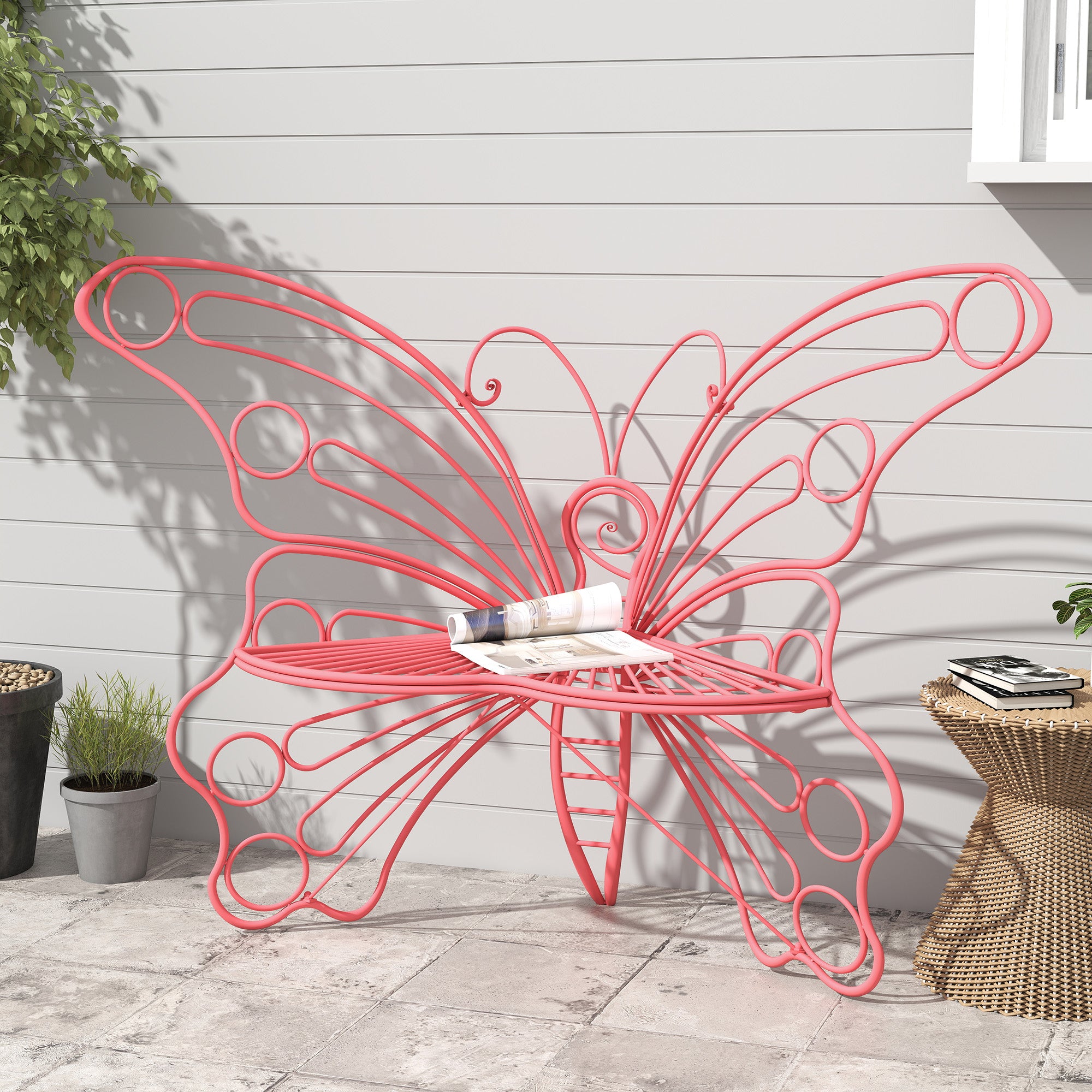 CBJCBJ 50" Weatherproof Outdoor Patio Bench，Metal Butterfly Design for Garden and Lawn Porch， Pink
