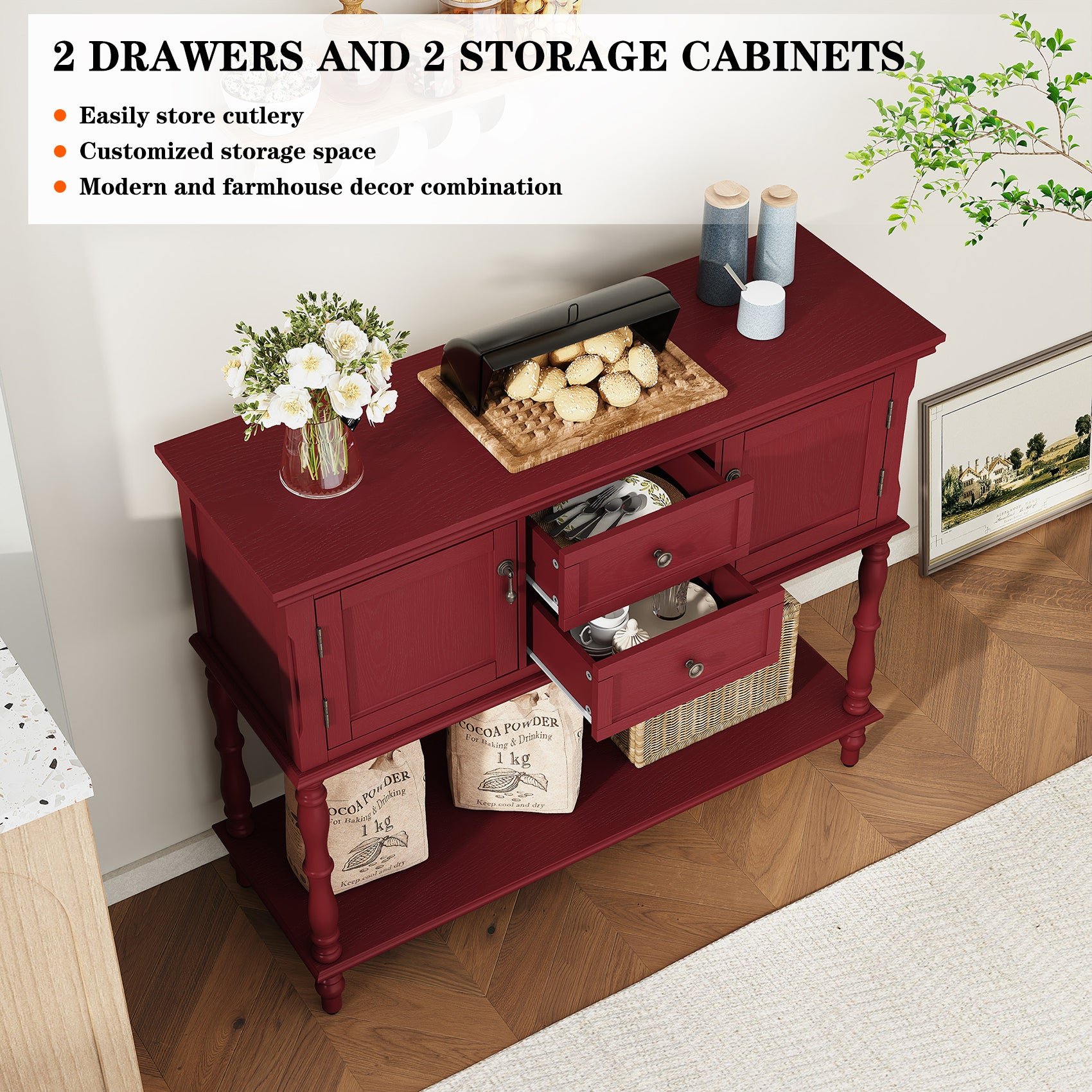 CBJCBJ 42" Farmhouse Console Table , 2 Drawer Narrow Long Entryway Table with Open Storage Shelf , for Living Room,Red