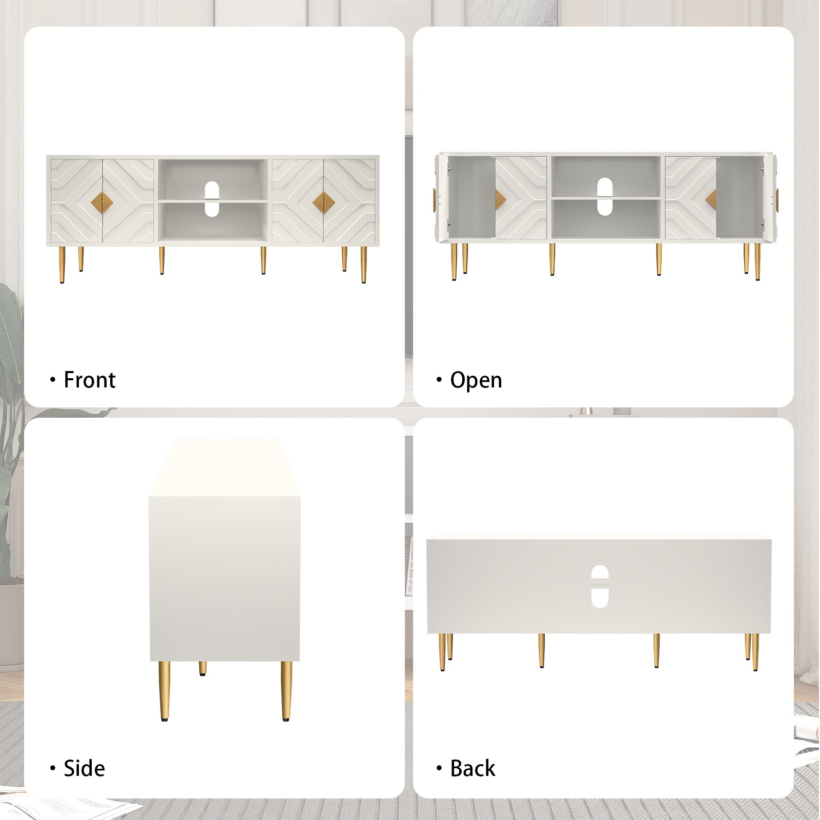 CBJCBJ 63" Modern TV Stand for 65" TVs - Geometric Carved Design, 3-Section Storage (Adjustable Middle) & Gold Handles, White