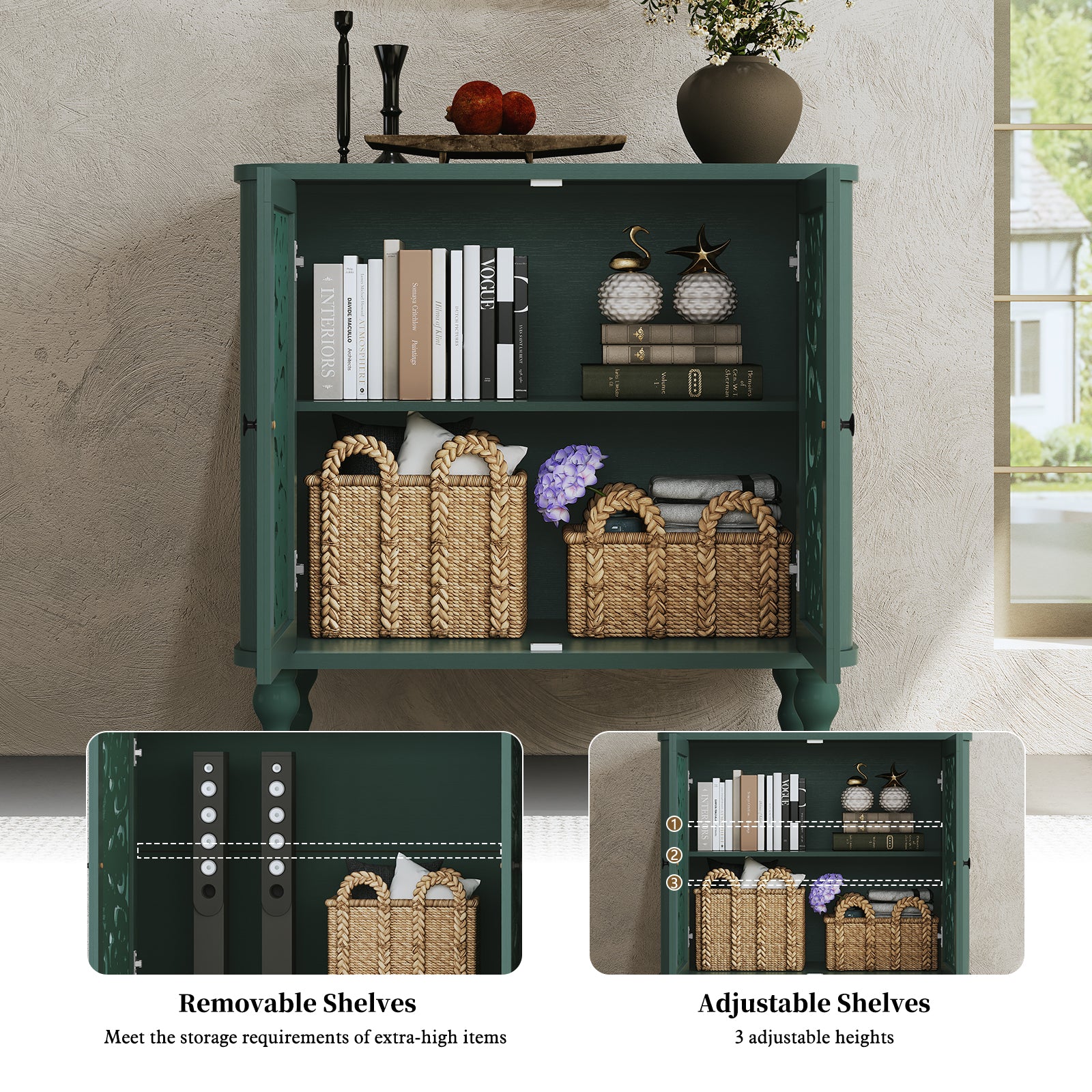 CBJCBJ 31.5" Retro Arc Carved Sideboard Buffet Cabinet, Wooden Credenza Storage for Dining Room, Green