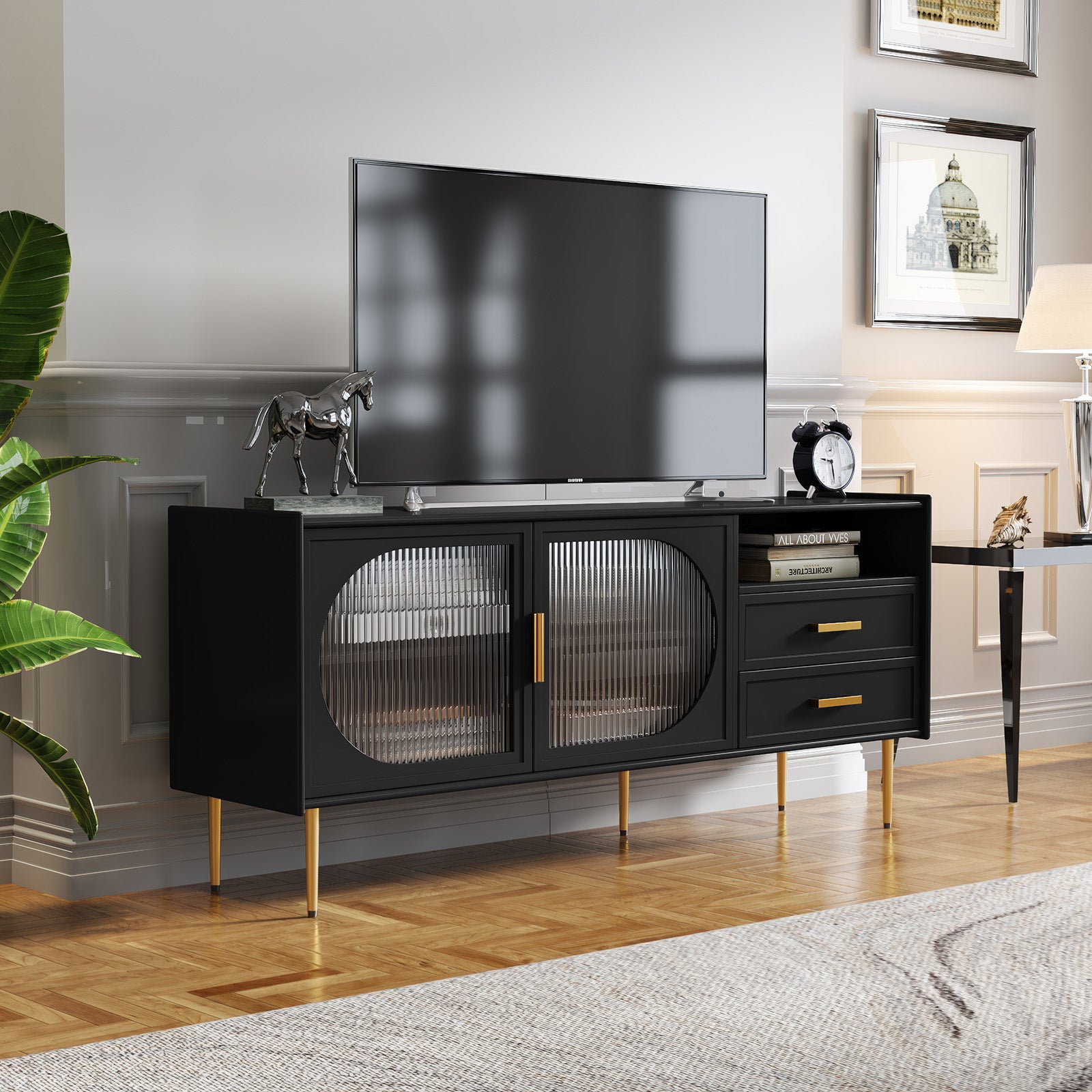 CBJCBJ 60.1" Modern Glass Door TV Stand with 2 Drawers & Adjustable Shelf | Entertainment Center for TVs up to 70 Inch | 4-Compartment Media Console Storage(BLACK)
