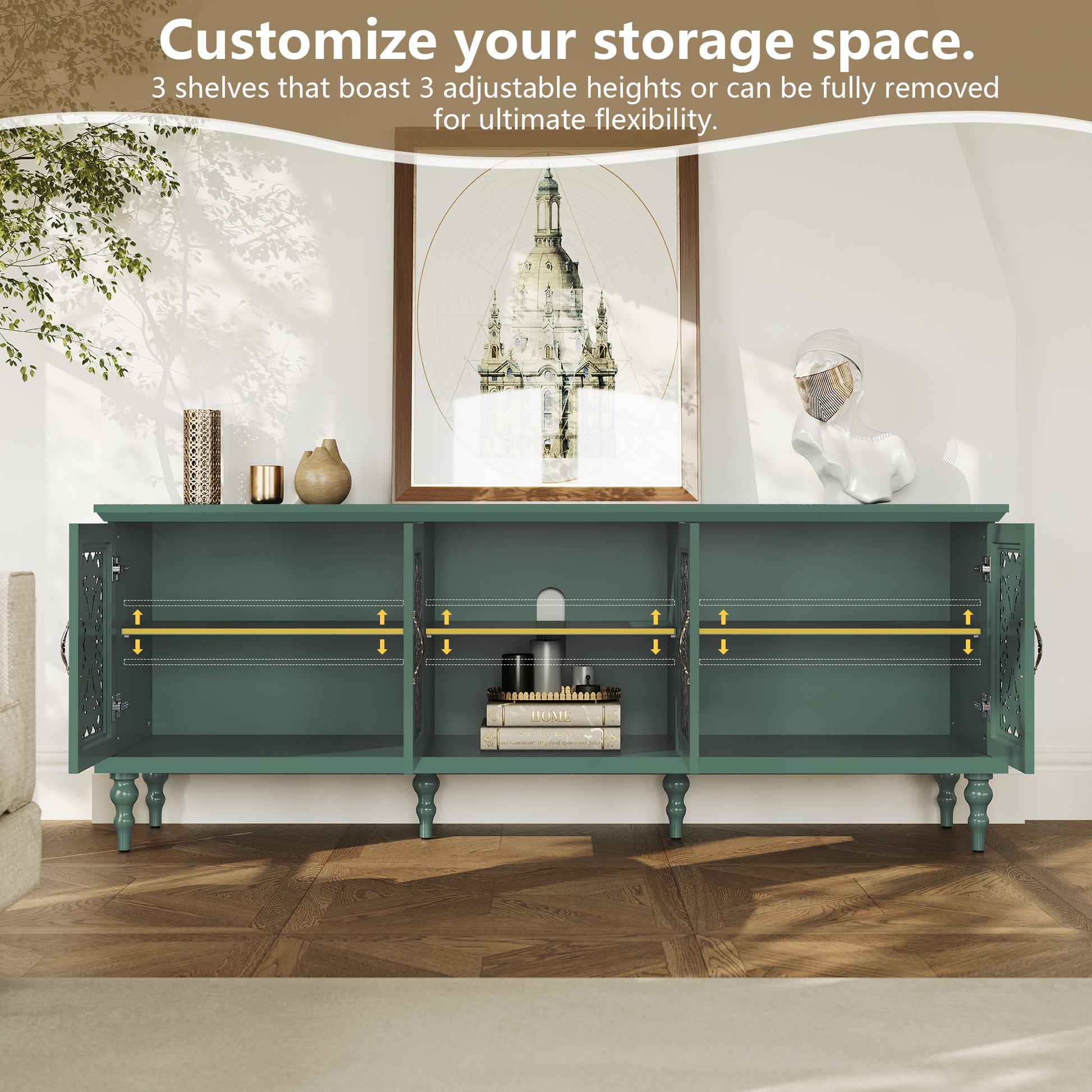 CBJ CBJ Modern Retro 67" TV Stand for TVs up to 75", Living Room Entertainment Center with 4 Door Storage Cabinet,Green