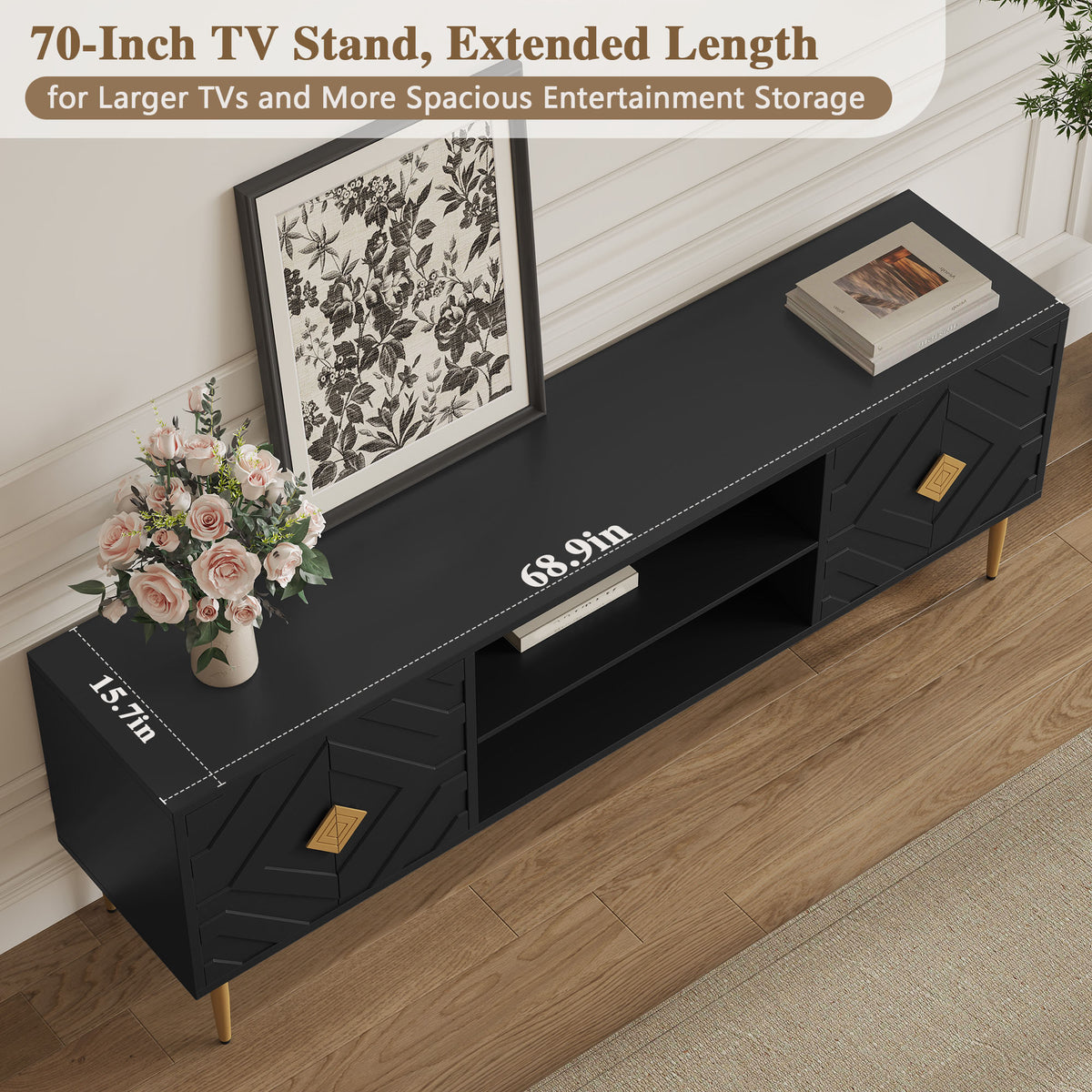 HLR Modern 70" TV Stand, for TVs up to 80", Living Room Entertainment Center with 4 Door Storage Cabinet, Black