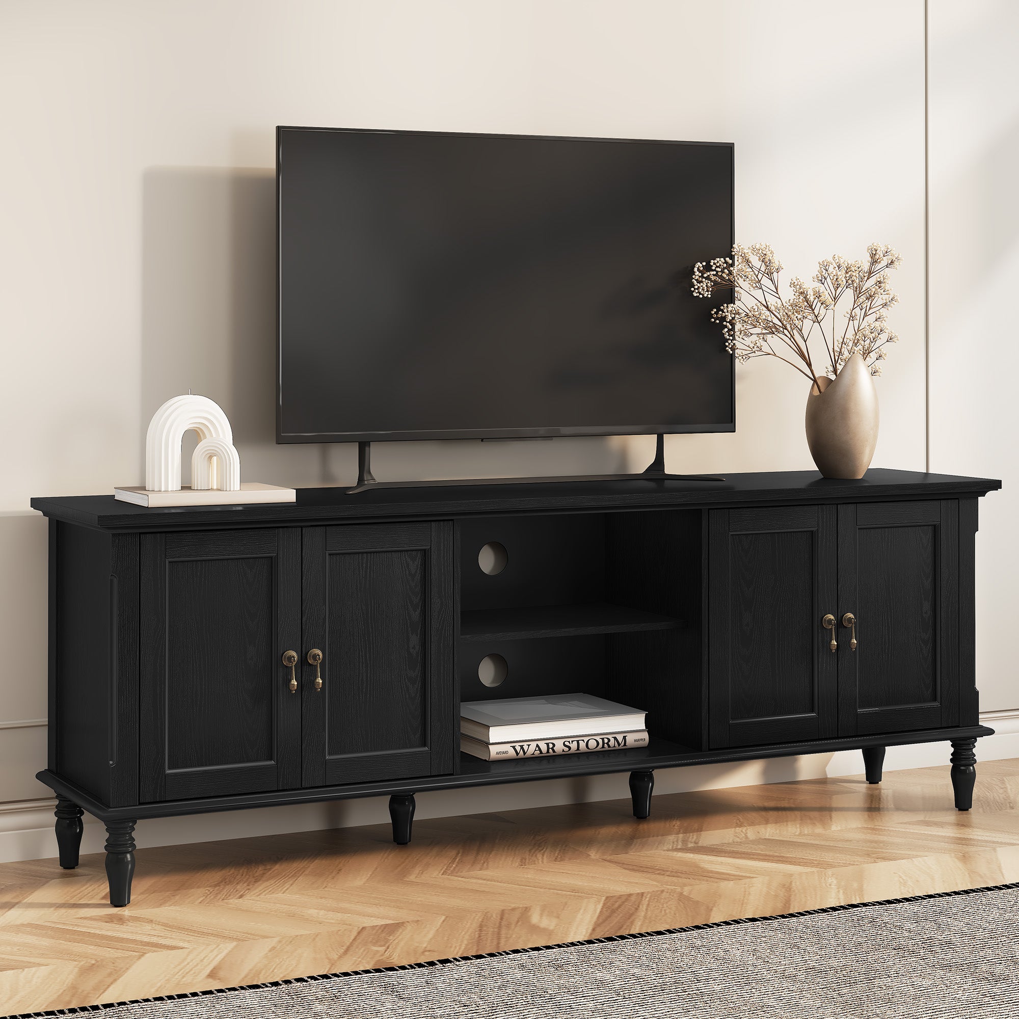 HLR 67" TV Stand, for TVs up to 75", Mid-Century Wood Entertainment Center for Living Room, Black