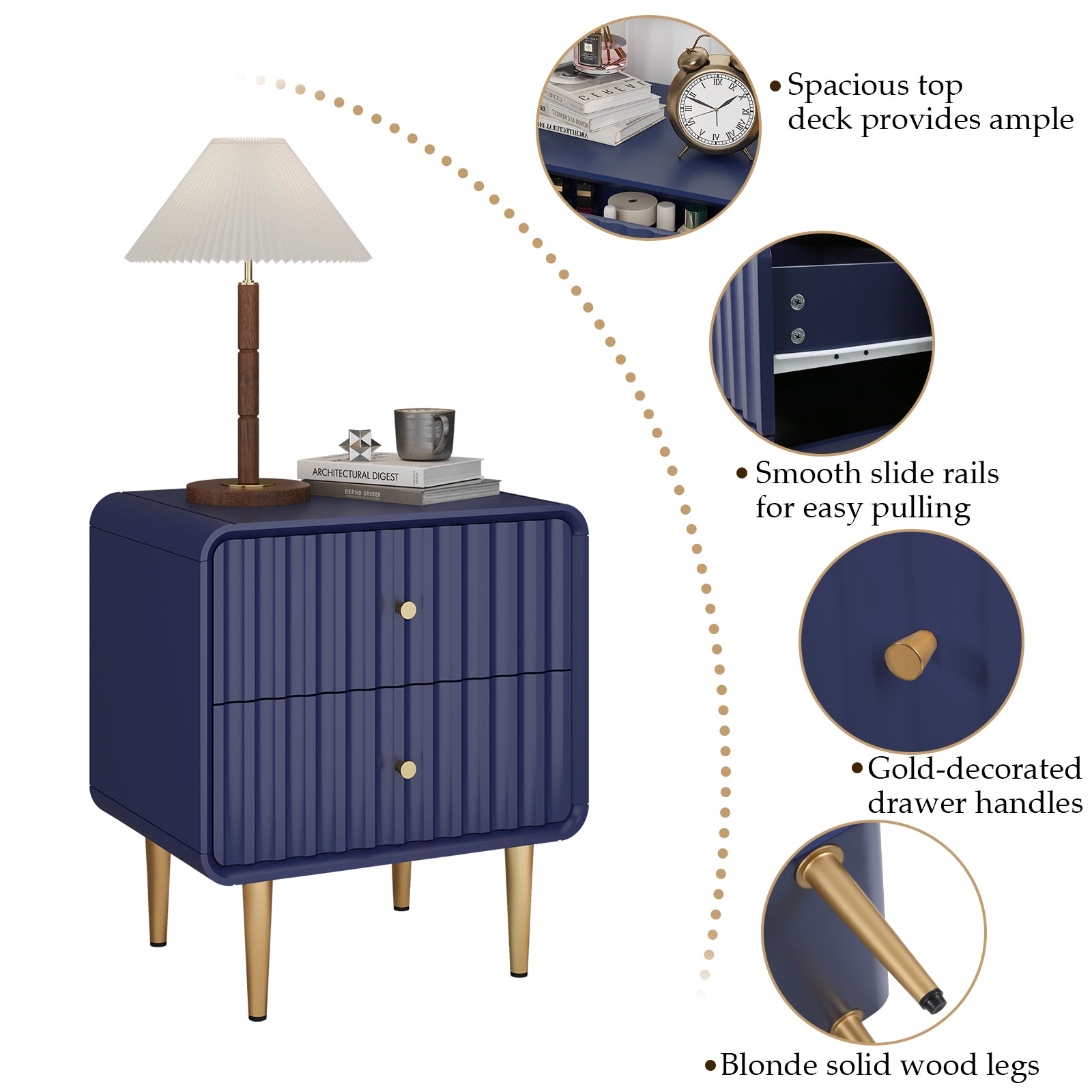 HLR Modern Fluted Wood Nightstand Set of 2 with 2 Drawers, Bedroom 20" Bed SideTable with Storage, Navy Blue