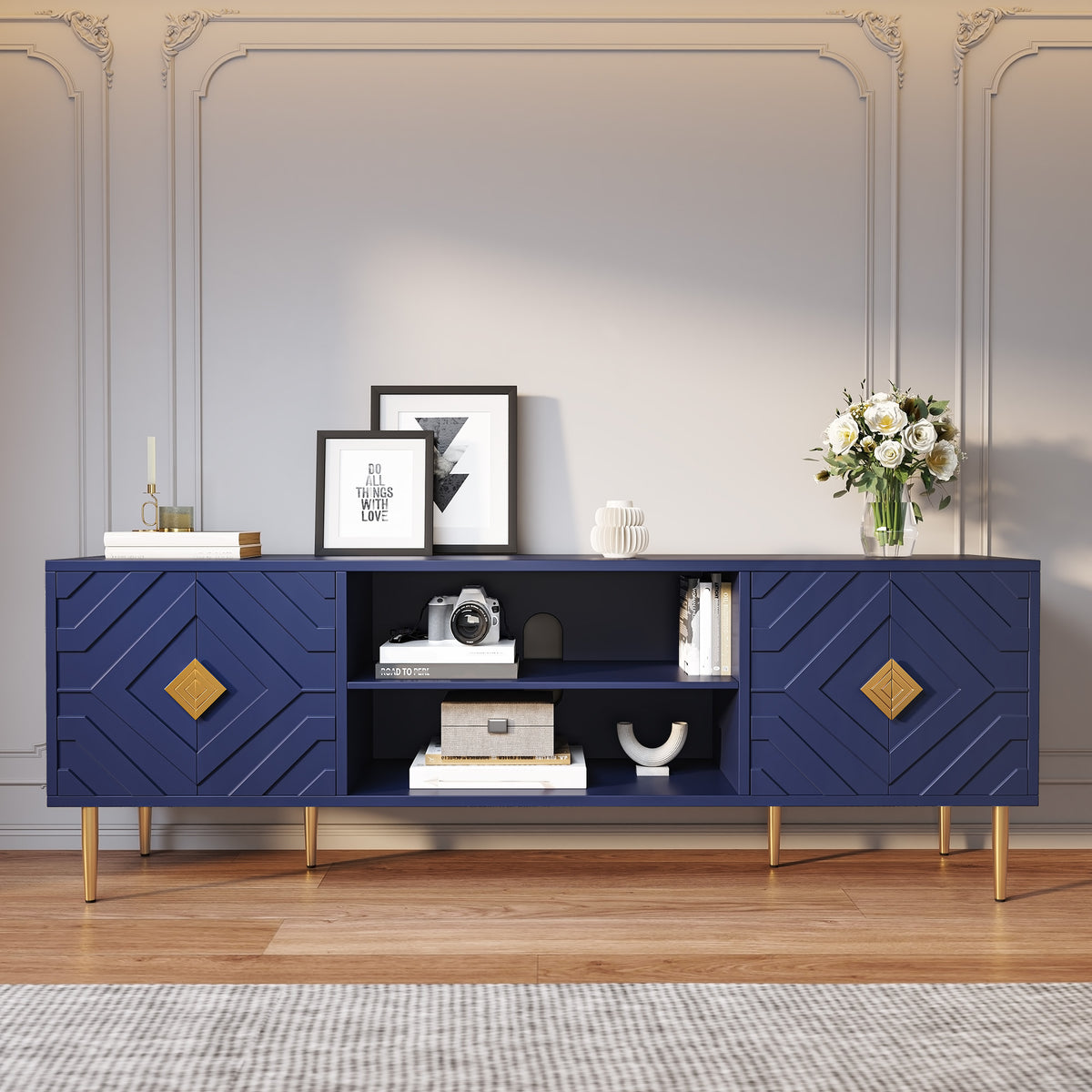 HLR Modern 70" TV Stand, for TVs up to 80", Living Room Entertainment Center with 4 Door Storage Cabinet, Blue