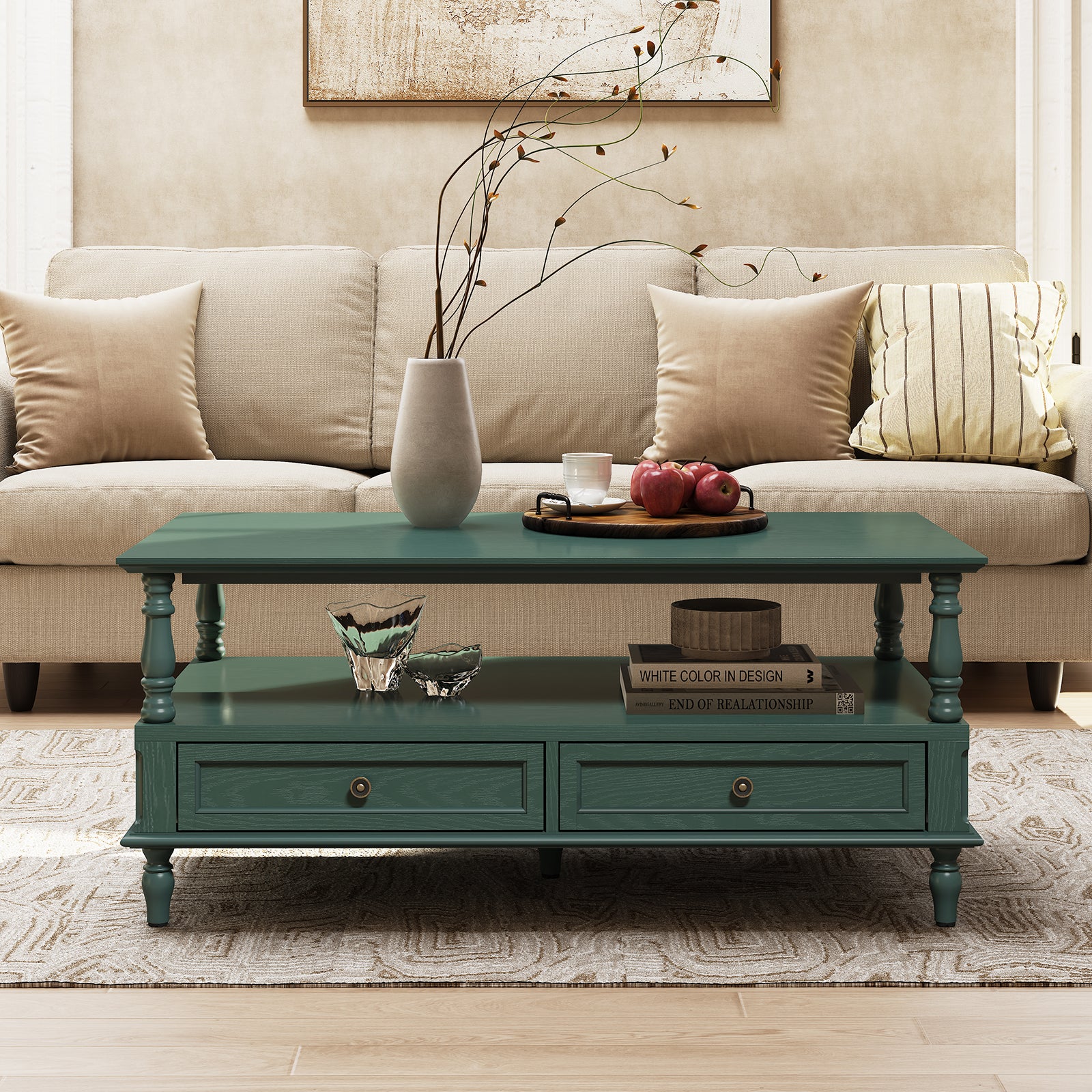 HLR 41" Mid Century Modern Coffee Table with Drawer Storage, Assembled Wood Center Table for Living Room, Green