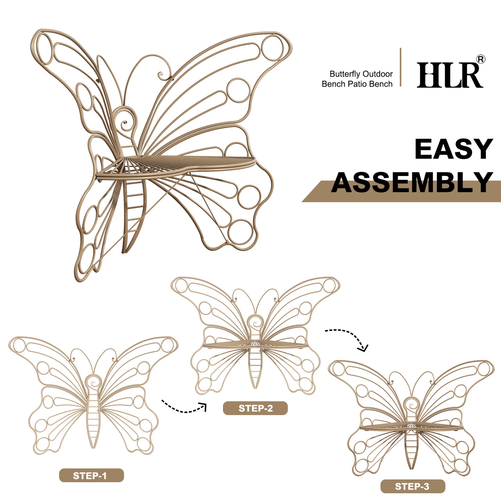 HLR Outdoor Bench with Butterfly Inspired Pattern, 50" Metal Frame Patio Garden Chair Cast Iron, Brown