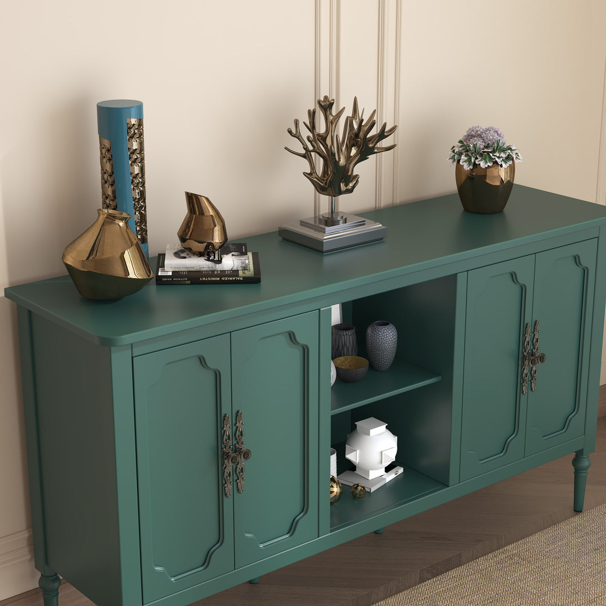 HLR 59" Mid Century Modern Storage Cabinet with Shelf, Vintage Large Sideboard Buffet Cabinet with 4 Doors, Green