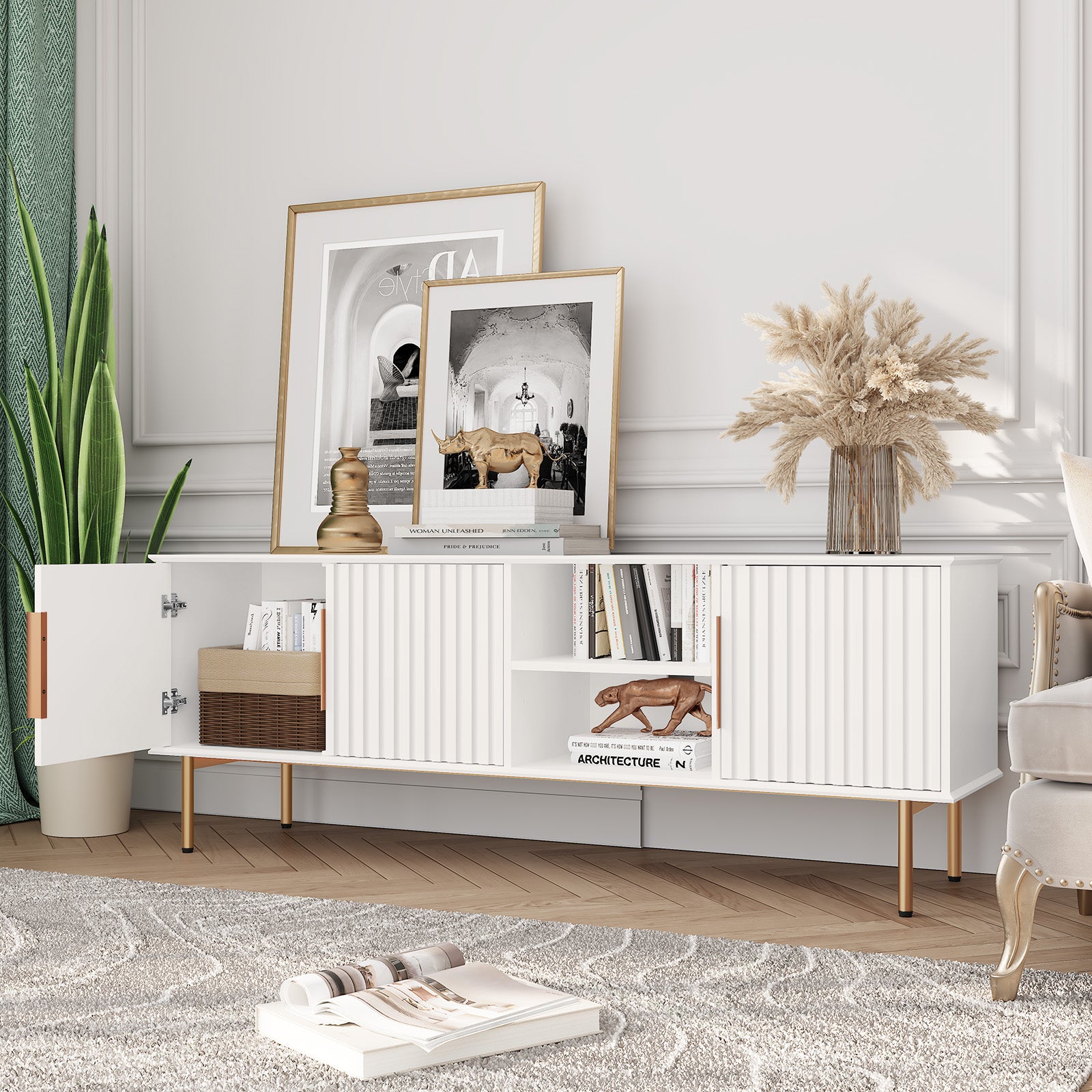 HLR Mid Century Fluted 66" TV up to 75" Stand with Storage, Modern Wooden Entertainment Center Console for Living Room, White