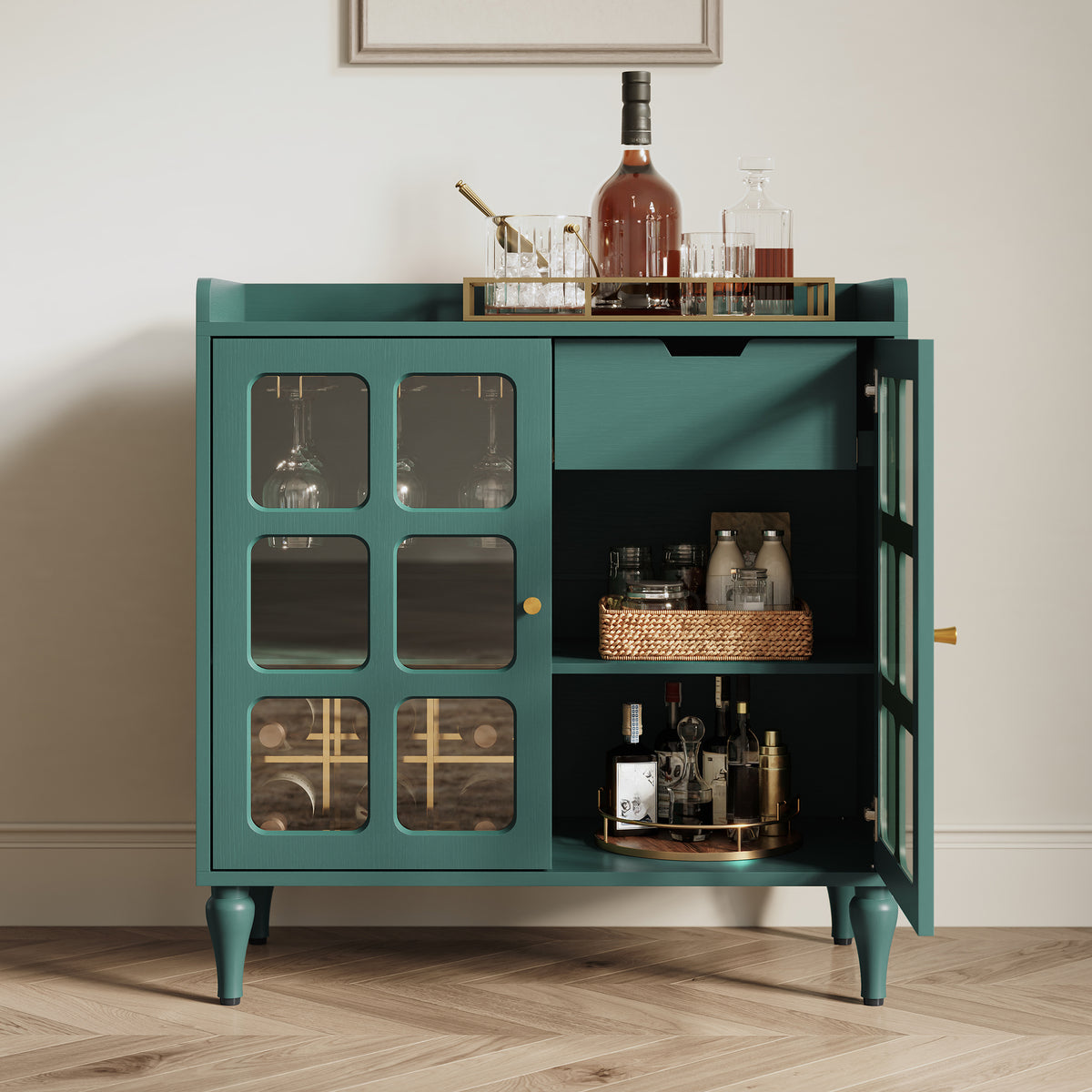CBJCBJ Modern Wine Cabinet with Power Outlet and Glass Doors Sideboard Storage for Dining and Living Room,Green