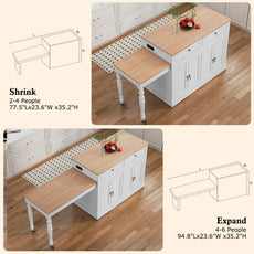 CBJCBJ Modern Extendable Kitchen Islands on Wheels with Power Outlet, Dining Table Cart with 4 Doors Storage, White