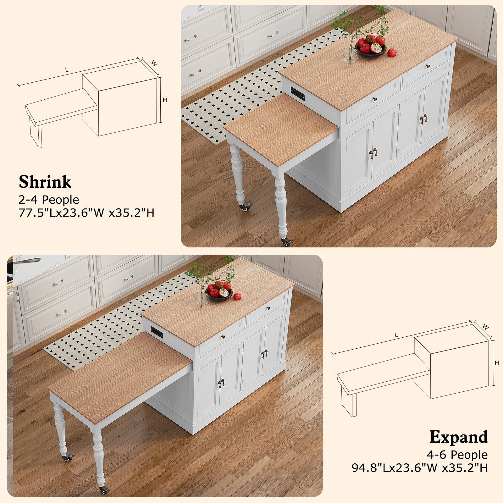 CBJCBJ Modern Extendable Kitchen Islands on Wheels with Power Outlet, Dining Table Cart with 4 Doors Storage, White