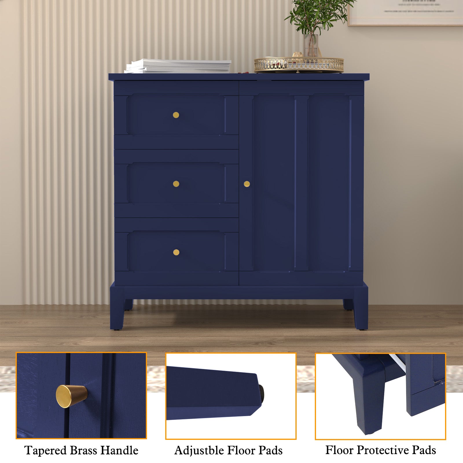CBJCBJ 31.7"Storage Cabinet, Classical 3 Drawers & 1 Door Design with Gold-Tone Handles, Multi-Use Organizer for Living Room, Kitchen, Bathroom（BLUE)