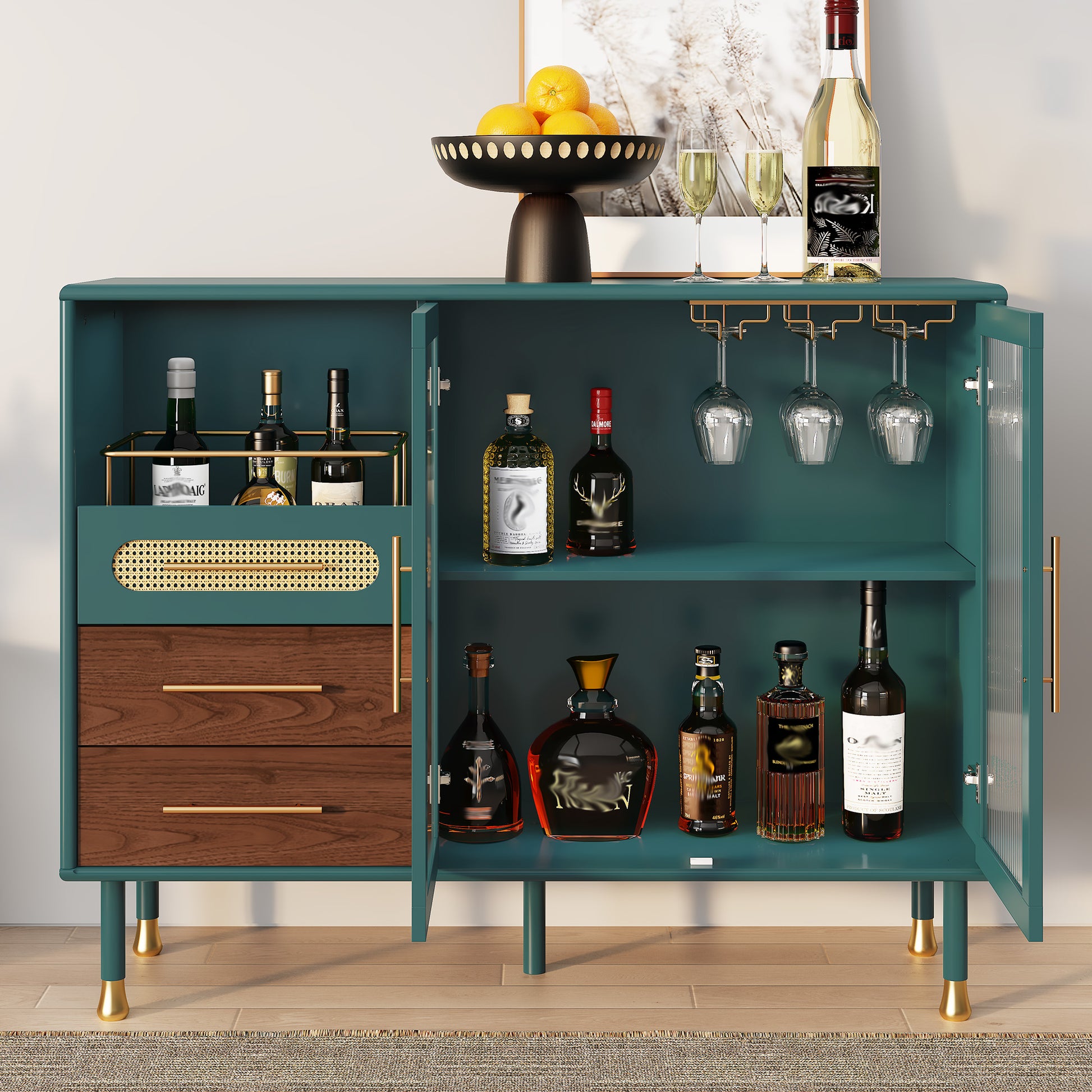 HLR 47.2" Coffee Wine Bar Cabinet with 2 Glass Doors, Modern Buffet Sideboard Table for Dining Room, Green
