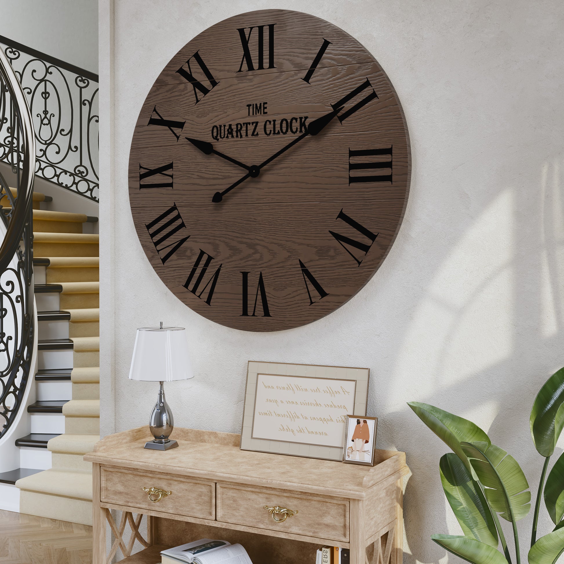 CBJCBJ 35.5” Farmhouse Large Shiplap Round Wall Clock with Roman Numeral for Living Room Decor, Brown