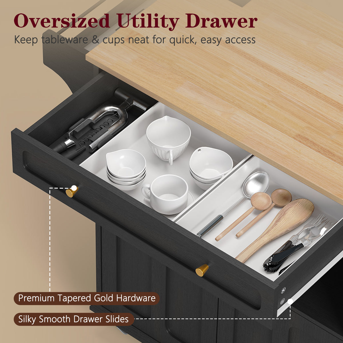 CBJCBJ Folding Rubber wood Kitchen Island, Kitchen Cart with Hidden Trash Can, Knife Rack & Spice Rack,Black