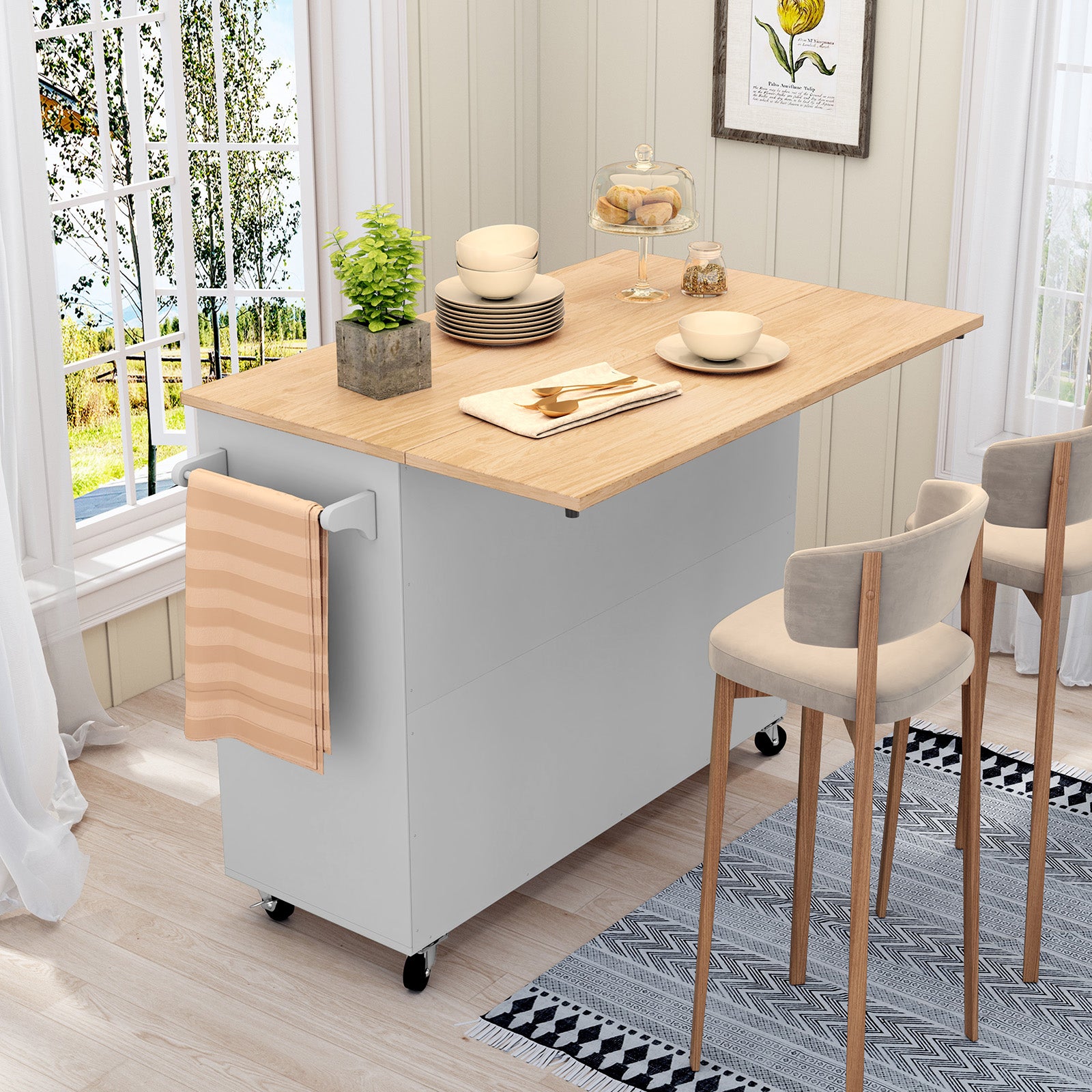 CBJCBJ 50.4" Kitchen Island with Storage, Wood Top Cart with Drop Leaf and Wheels, Gray