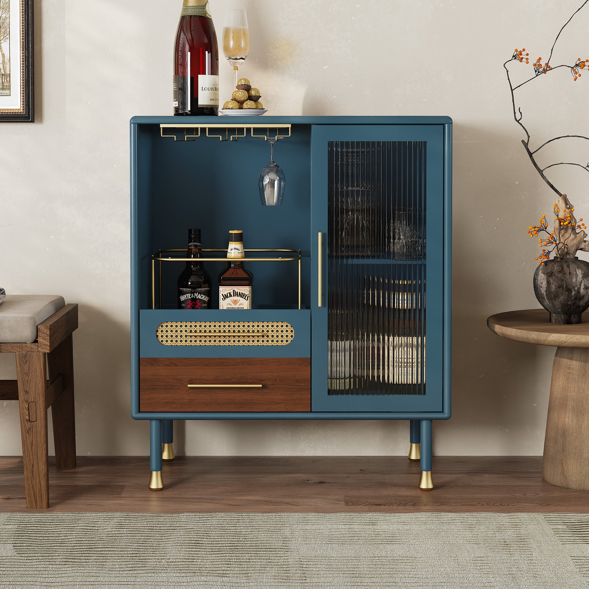 HLR 31.5"W Modern Wine Storage Cabinet with Pull-Out Rack & Tempered Glass Doors – Compact Coffee Bar for Kitchen, Dining Room, Apartment,Blue
