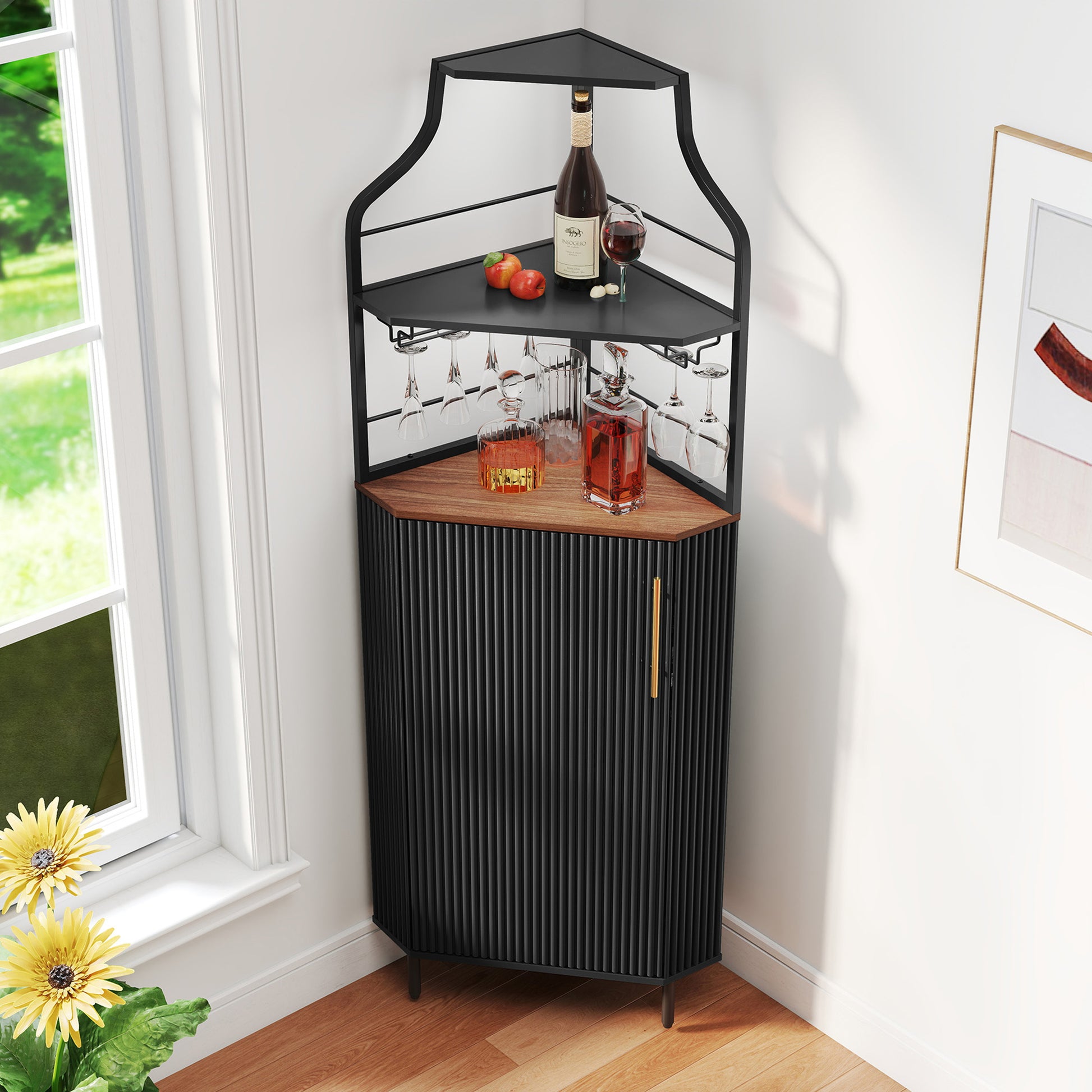 HLR Corner Coffee Bar Cabinet with LED Strip, 4-Tiers Modern Tall Liquor Cabinet with Wine Rack for Dining Room