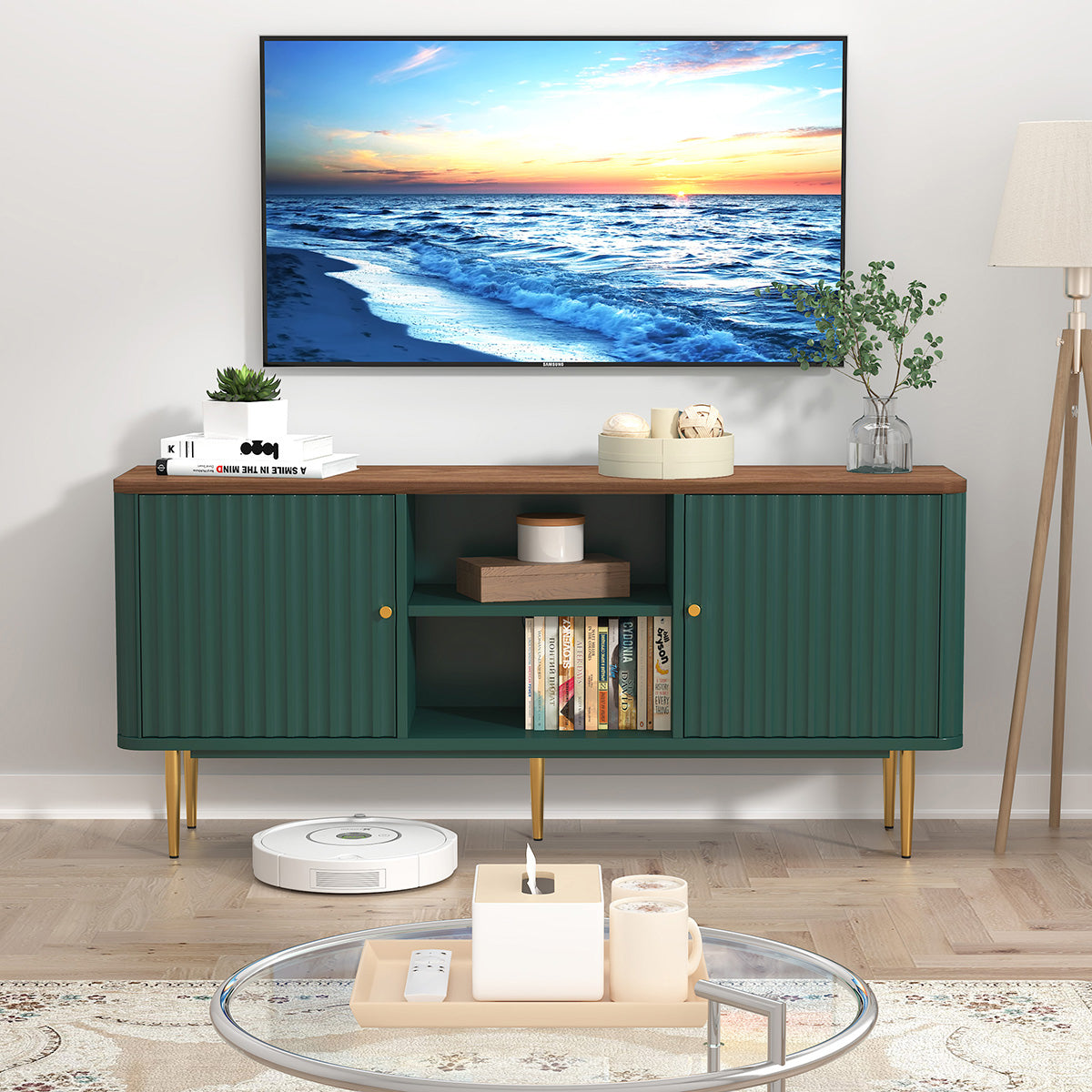 HLR Modern Fluted 55" TV Stand for 65 Inch TV with Storage, Entertainment Center for Living Room, Green