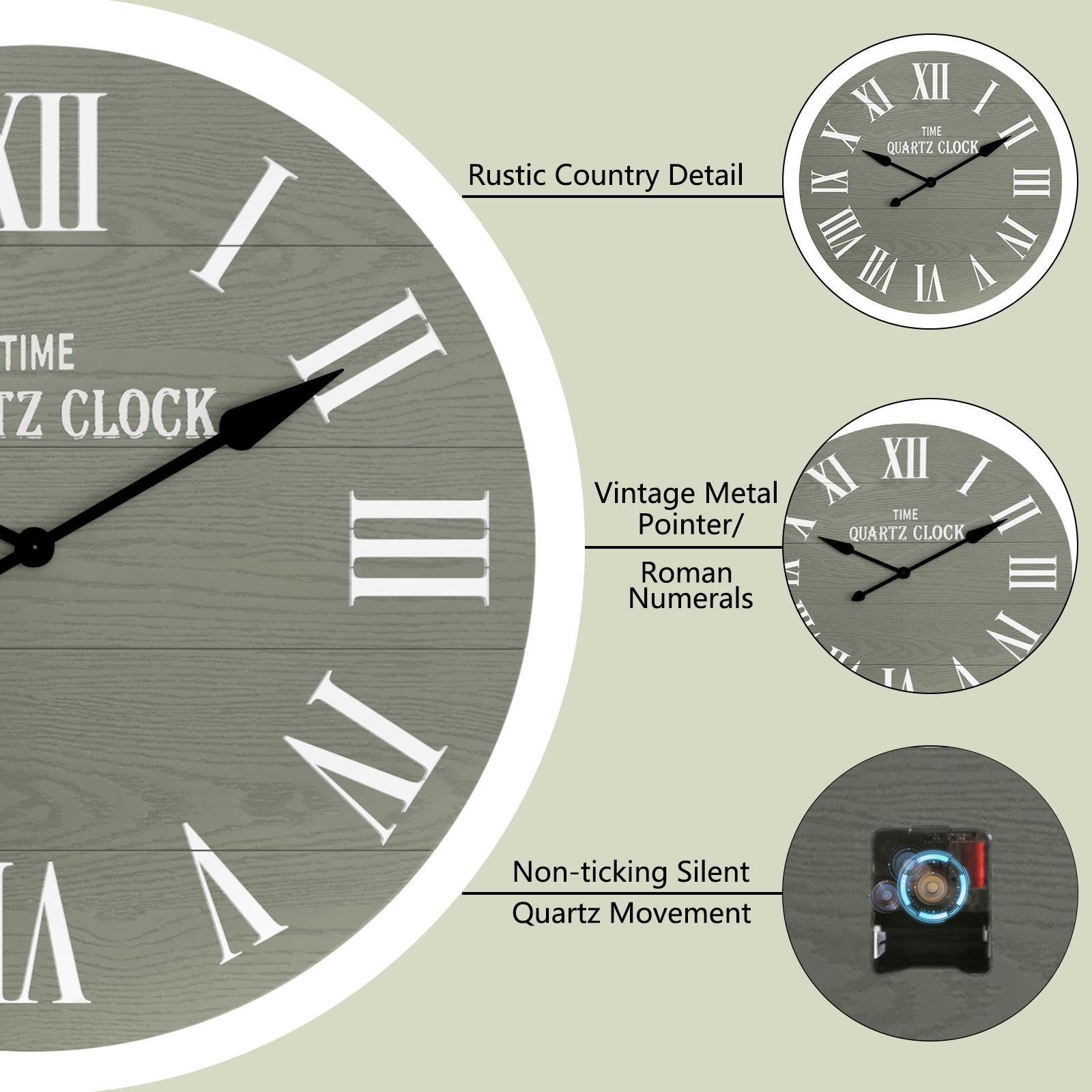 HLR 35.5” Farmhouse Large Shiplap Round Wall Clock with Roman Numeral for Living Room Decor, Green