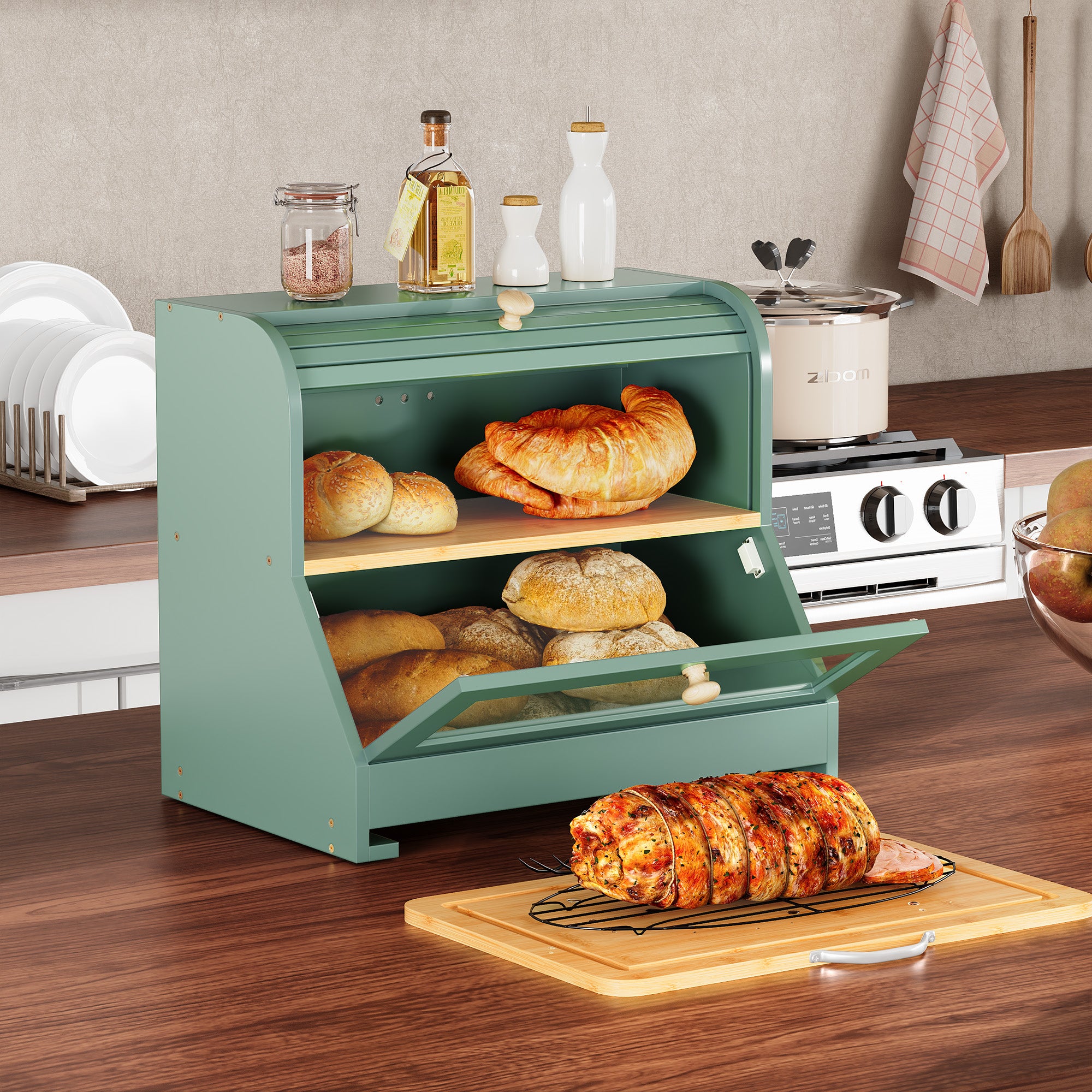 HLR Natural Bamboo Bread Box Kitchen Countertop with Cutting Board and Roll Top, Green 2-Tier Large Wood Bread Bin