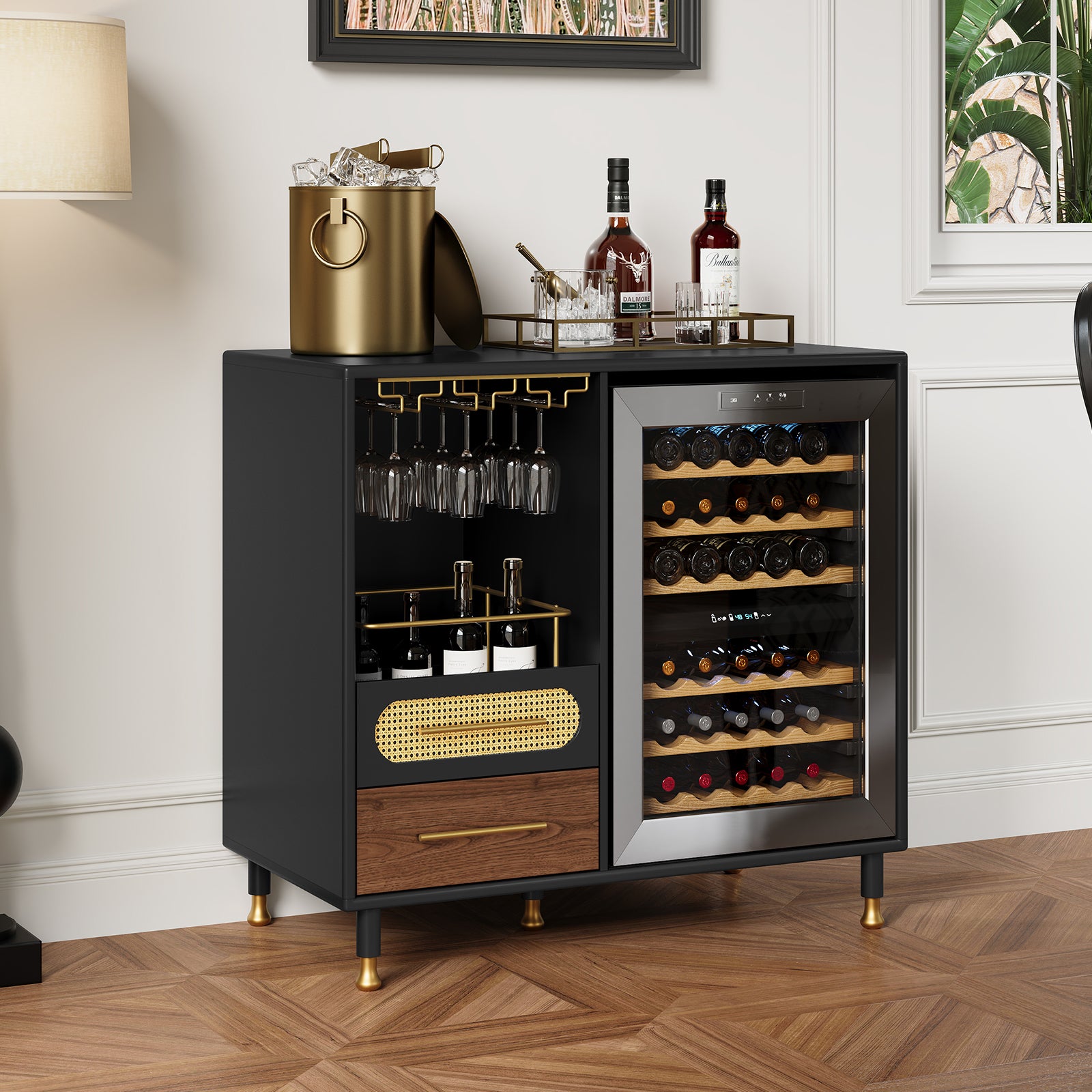 HLR Modern Coffee Bar Cabinet with Space for Mini Fridge and Rattan Drawer, Black
