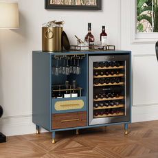HLR Modern Coffee Bar Cabinet with Space for Mini Fridge and Rattan Drawer, Blue
