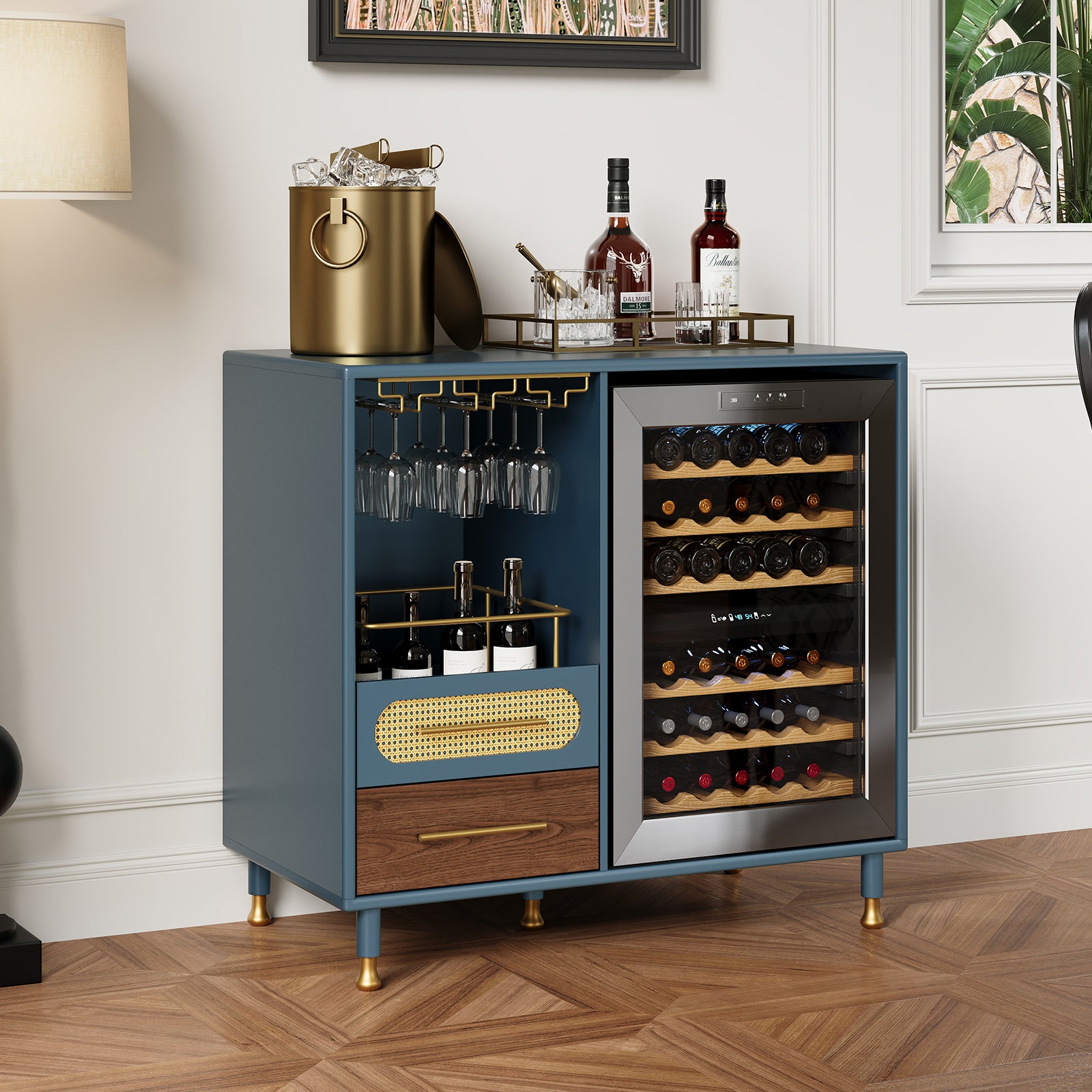 HLR Modern Coffee Bar Cabinet with Space for Mini Fridge and Rattan Drawer, Blue