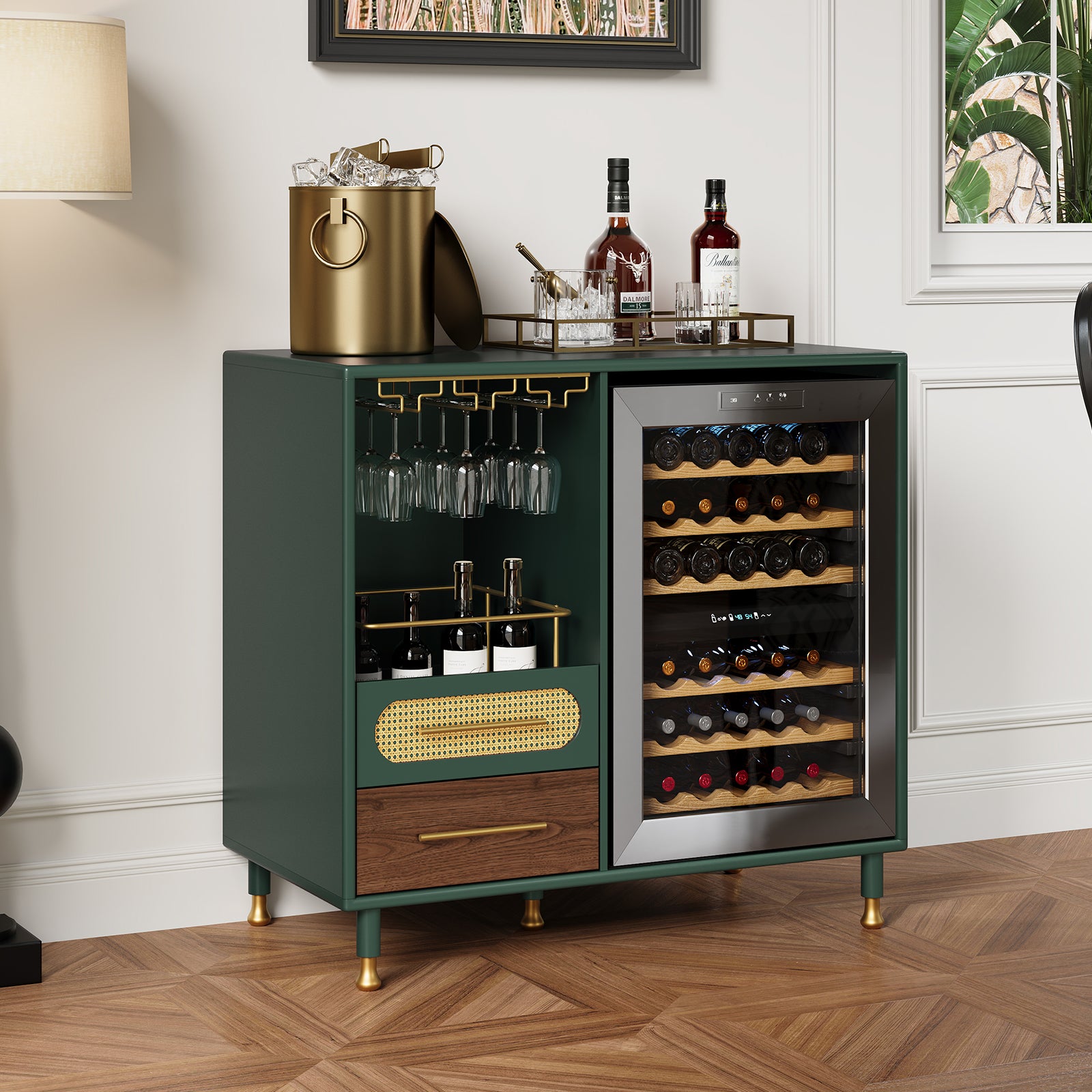 HLR Modern Coffee Bar Cabinet with Mini Fridge Space and Rattan Drawer for Dining Room, Green