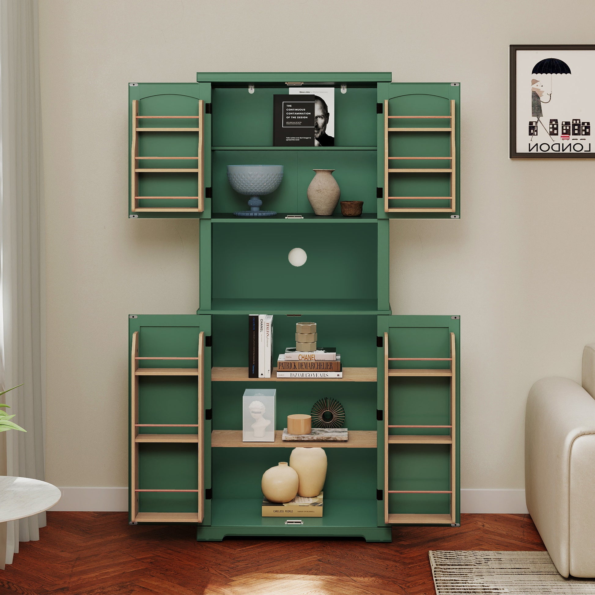 HLR 72" Kitchen Pantry Cabinet, Freestanding Pantry Storage Cabinet with Hutch & Shelves, Green