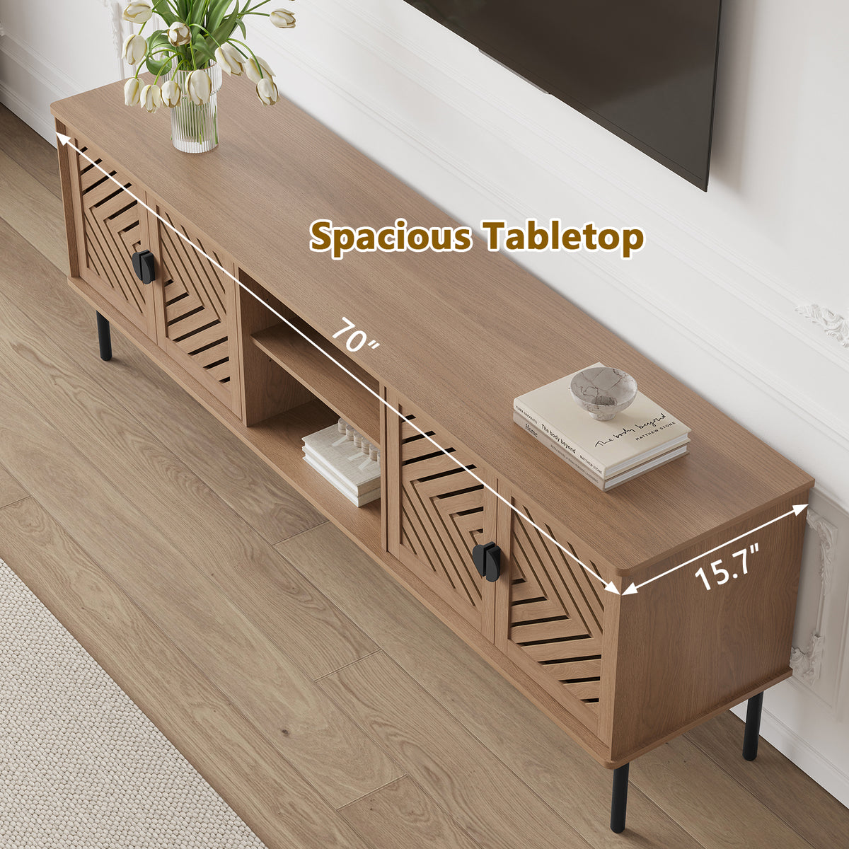 HLR Mid Century Modern 70" Large TV Stand for 80 Inch TV, Entertainment Center with Storage, Walnut