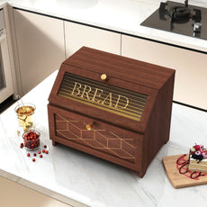 HLR Large Bread Box, Wood 2-layer Bread Box Storage for Kitchen Counter, with Bar Pattern Windows, Brown